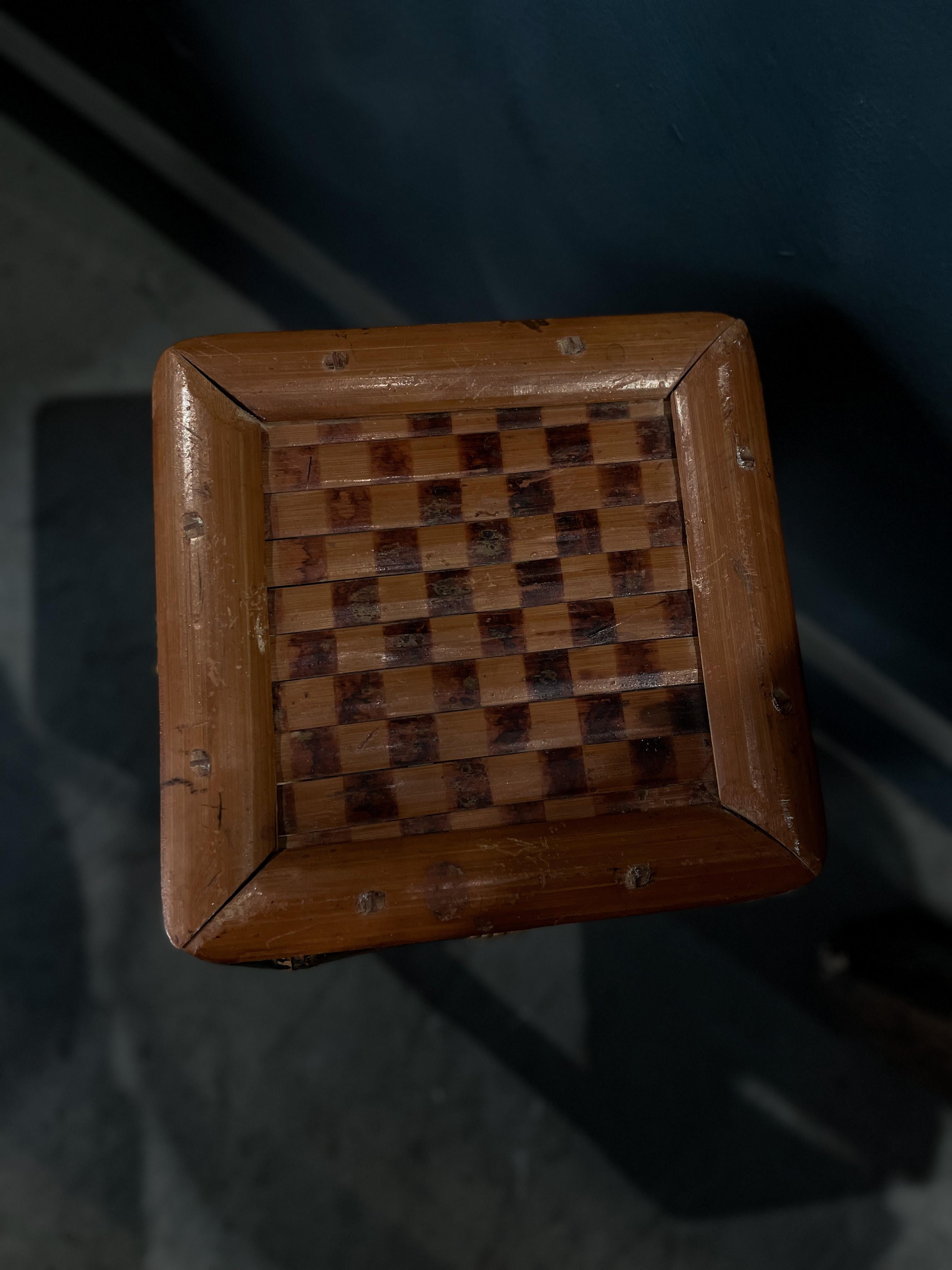 20th Century Vintage Checkered Bamboo Stool Side Table For Sale