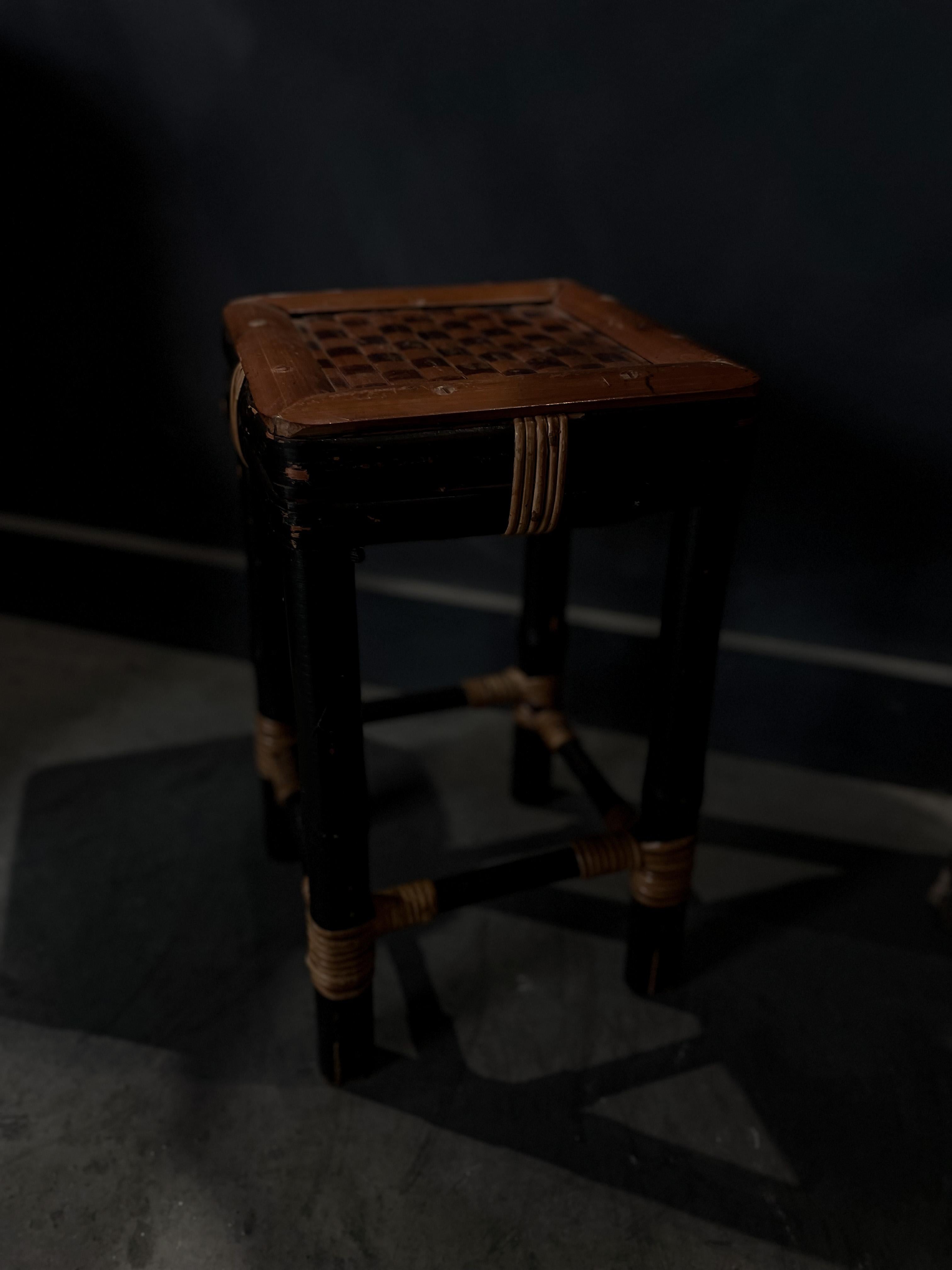 Vintage Checkered Bamboo Stool Side Table For Sale 2