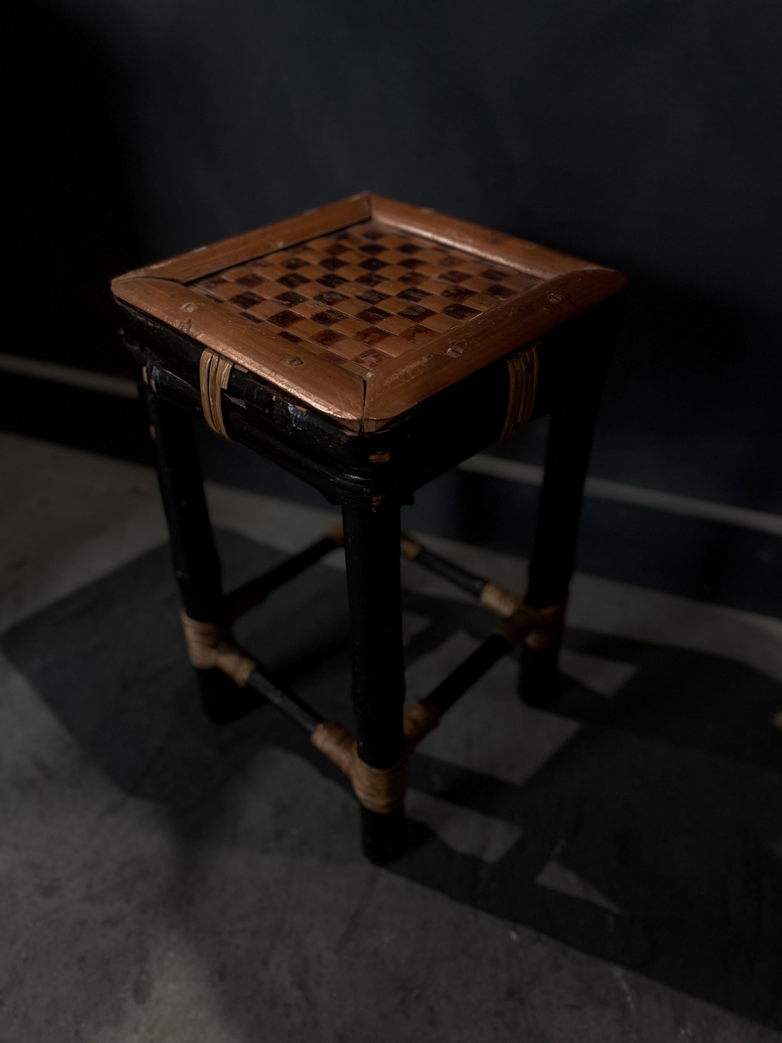 Vintage Checkered Bamboo Stool Side Table For Sale 3