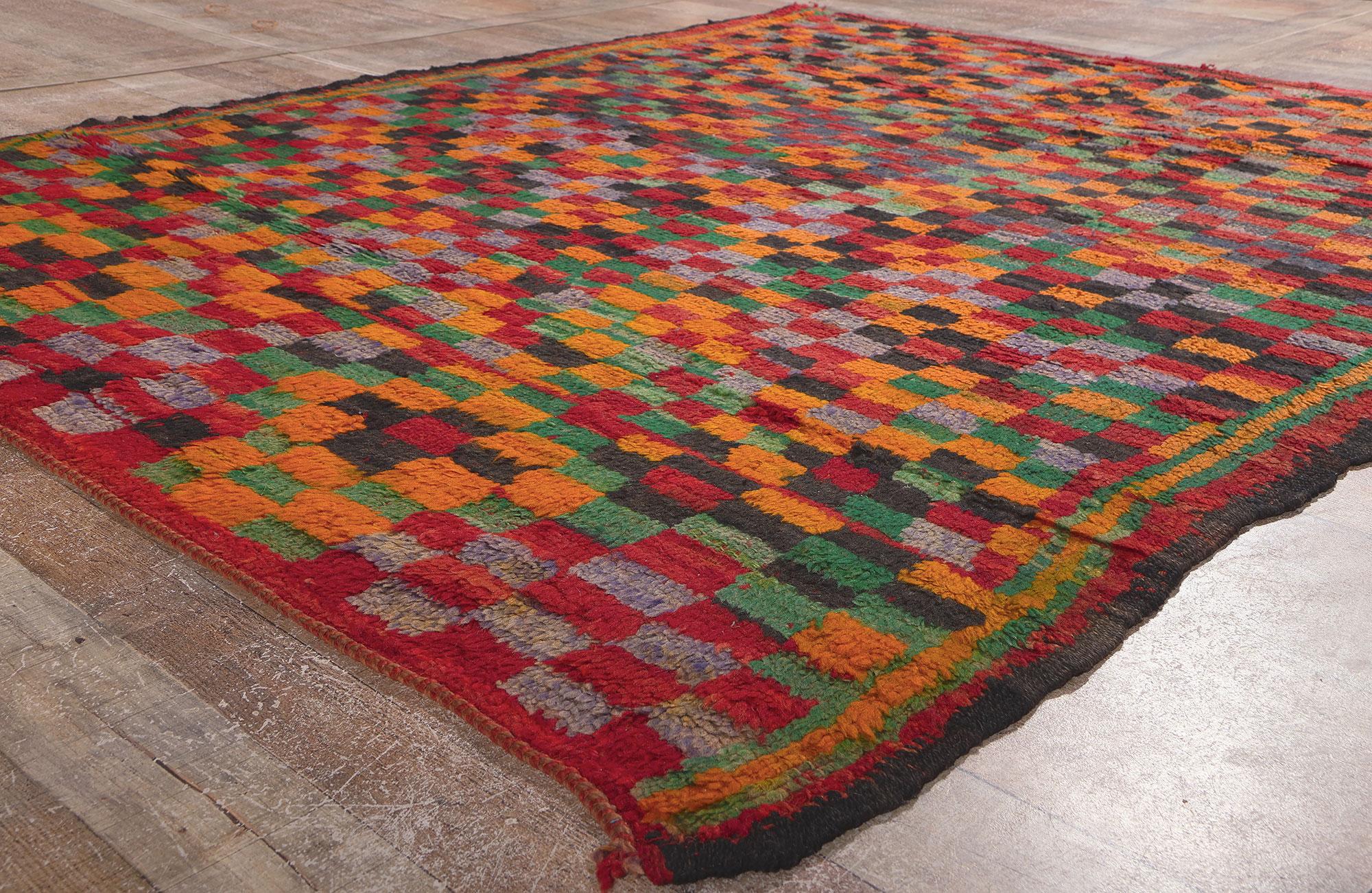 Wool Vintage Checkered Boujad Moroccan Rug, Midcentury Cubism Meets Cozy Boho For Sale