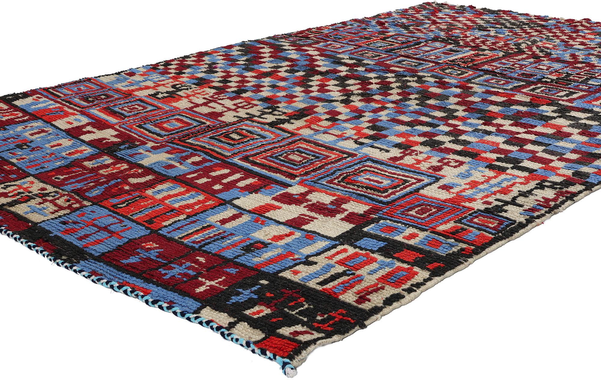 21759 Vintage Checkered Moroccan Azilal Rug, 04'08 x 07'09. From the vibrant heart of central Morocco's provincial capital, cradled in the embrace of the High Atlas Mountains, unfolds the splendid legacy of Azila rugs – a distinctive manifestation