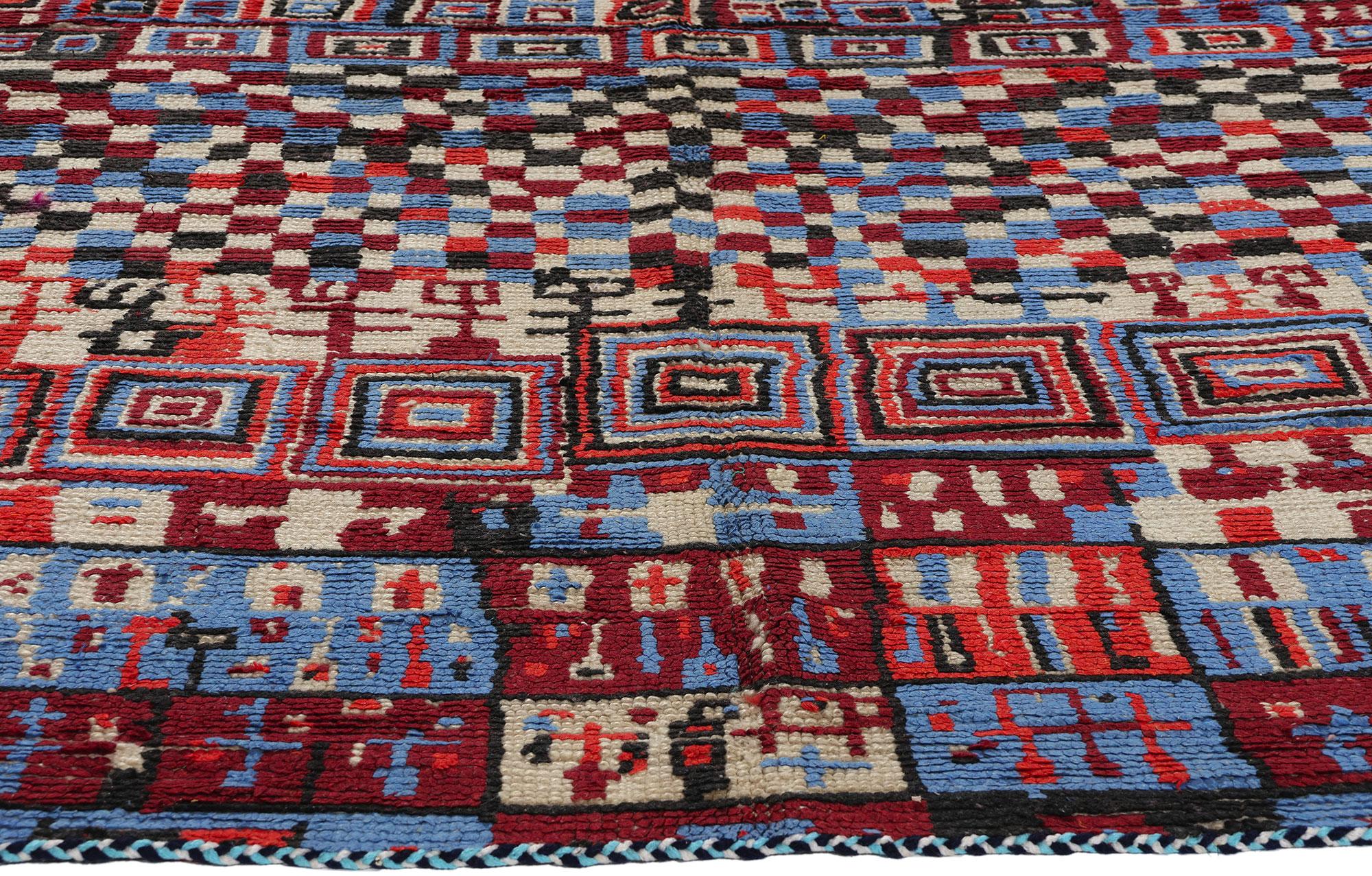 Hand-Knotted Vintage Checkered Moroccan Azilal Rug, Maximalist Boho Meets Cubism For Sale