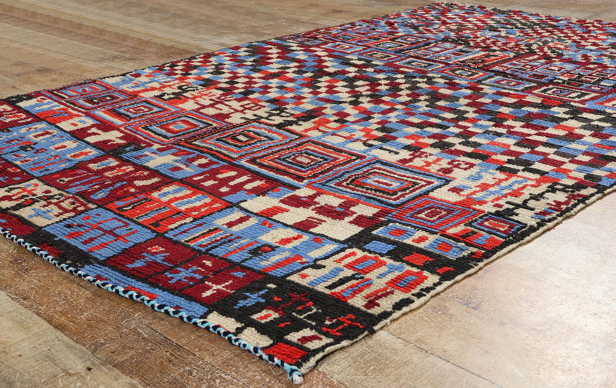 Wool Vintage Checkered Moroccan Azilal Rug, Maximalist Boho Meets Cubism For Sale