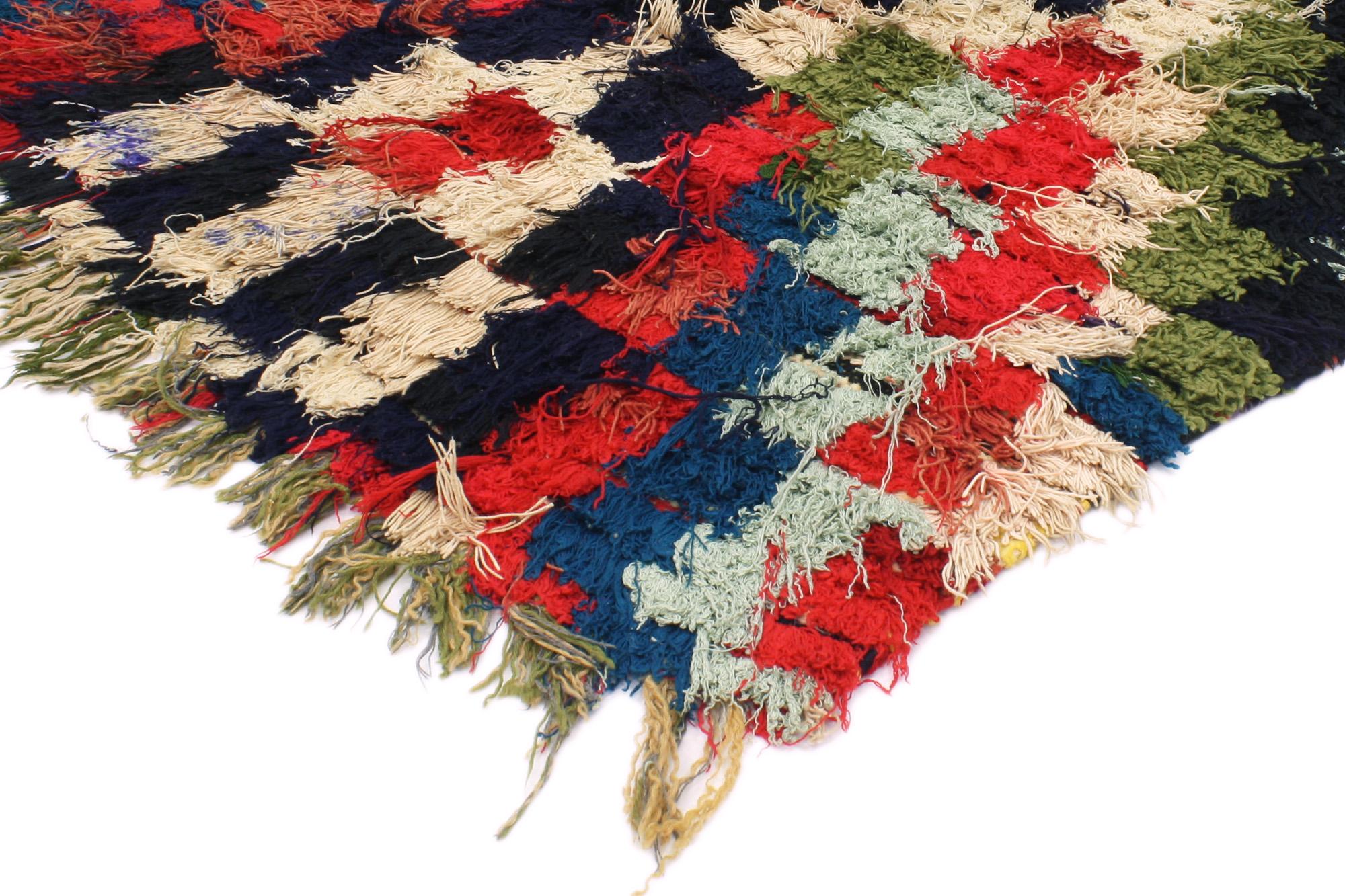 20381 Vintage Checkered Moroccan Rag Rug 03'00 x 08'03. Boucherouite rugs represent a cherished tradition of Moroccan craftsmanship, handwoven by Berber women using recycled textiles such as cotton and wool. Emerging from rural communities,