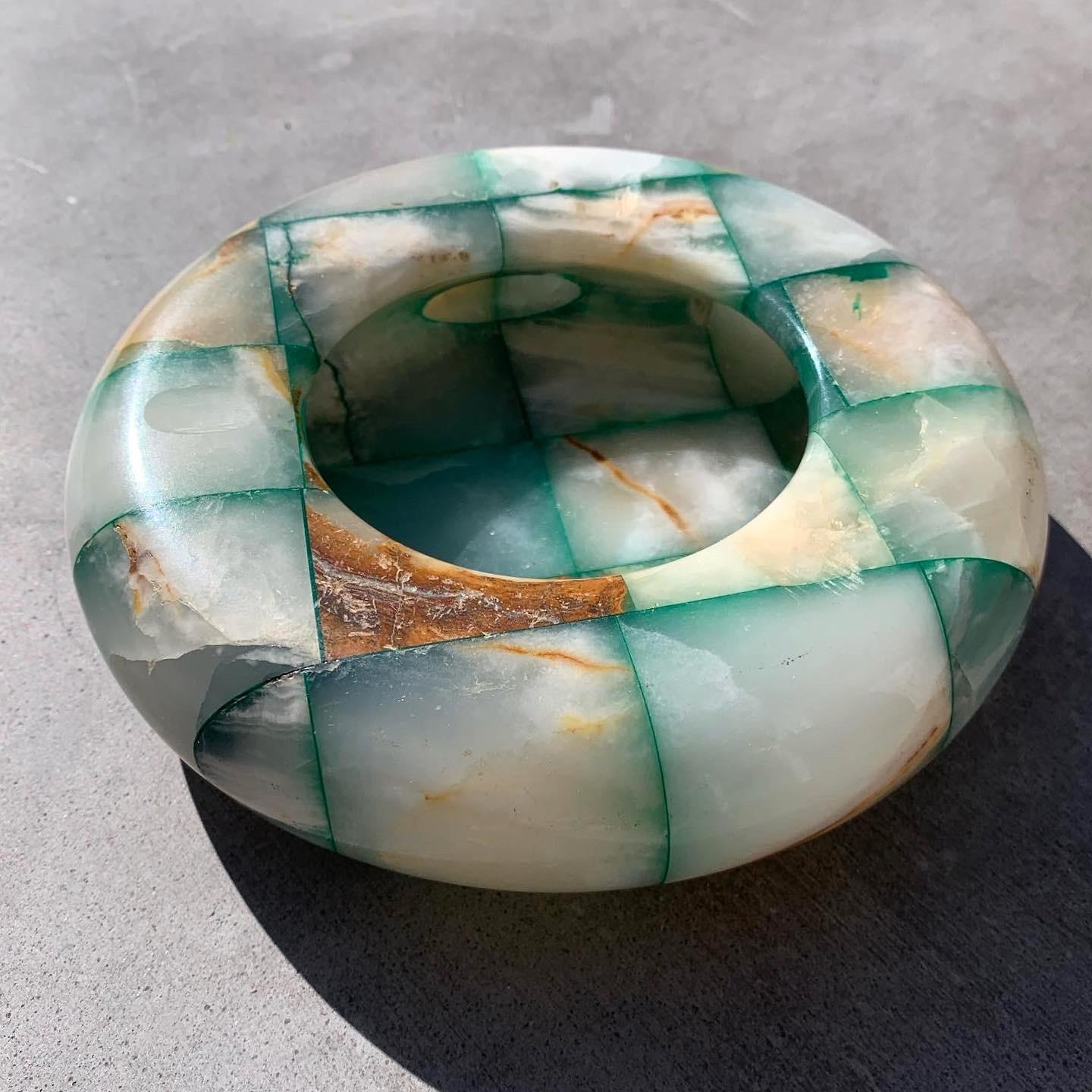 Vintage Checkered Onyx Ashtray in Teal and Caramel, 1960s In Good Condition In View Park, CA