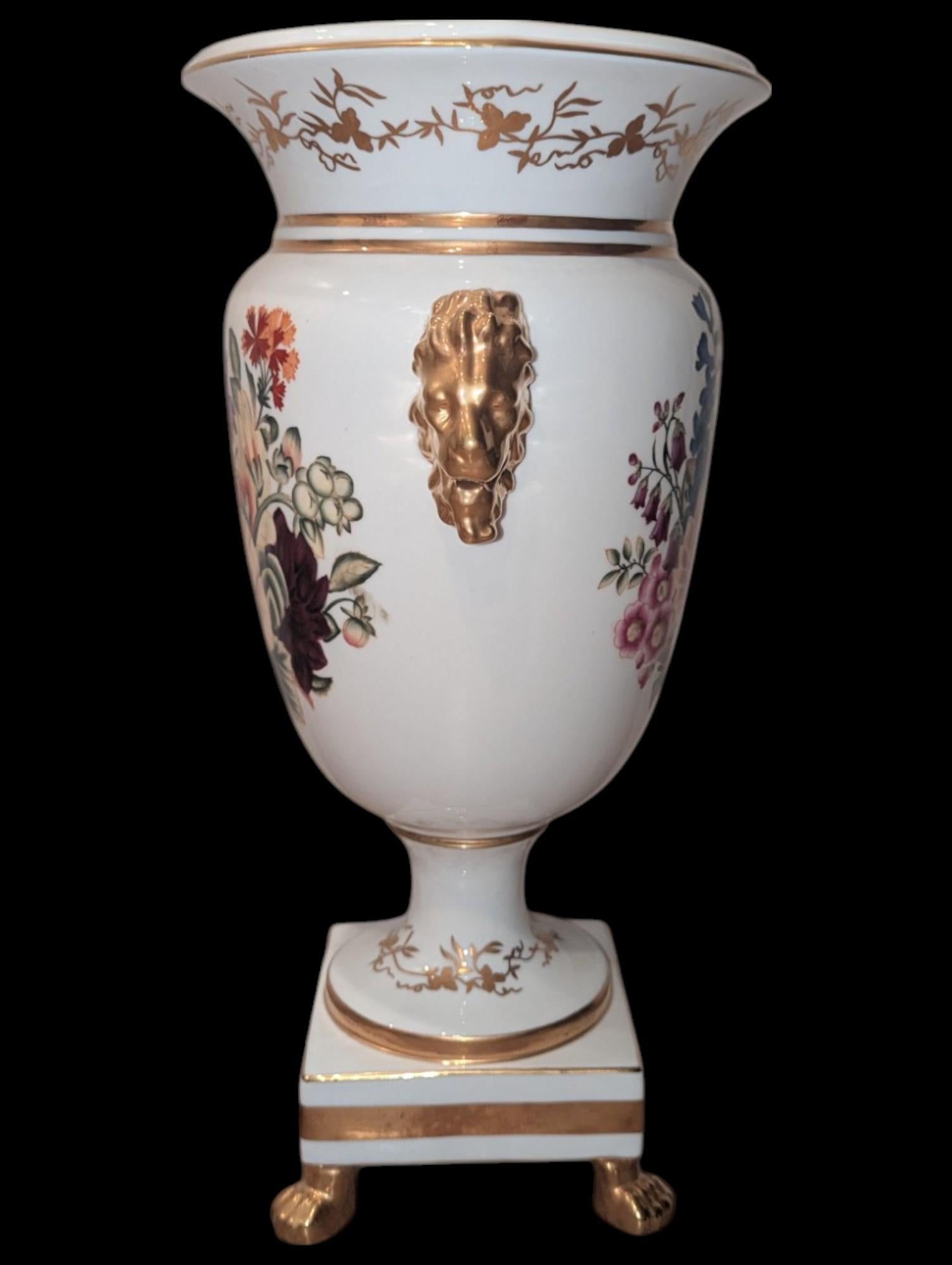 American Vintage Chelsea House Floral Gold Gilt Lion Handle Vase