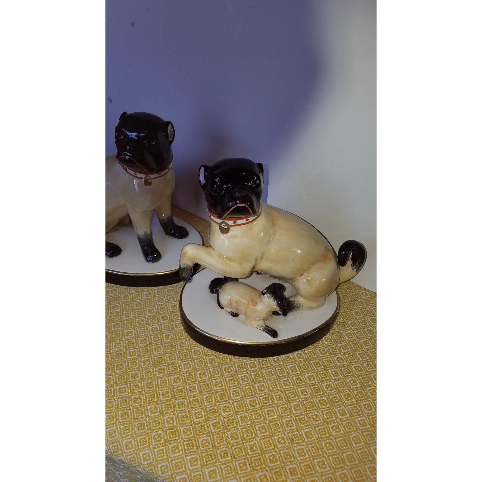 Italian Vintage Chelsea House Porcelain Pug Figurines, a Pair