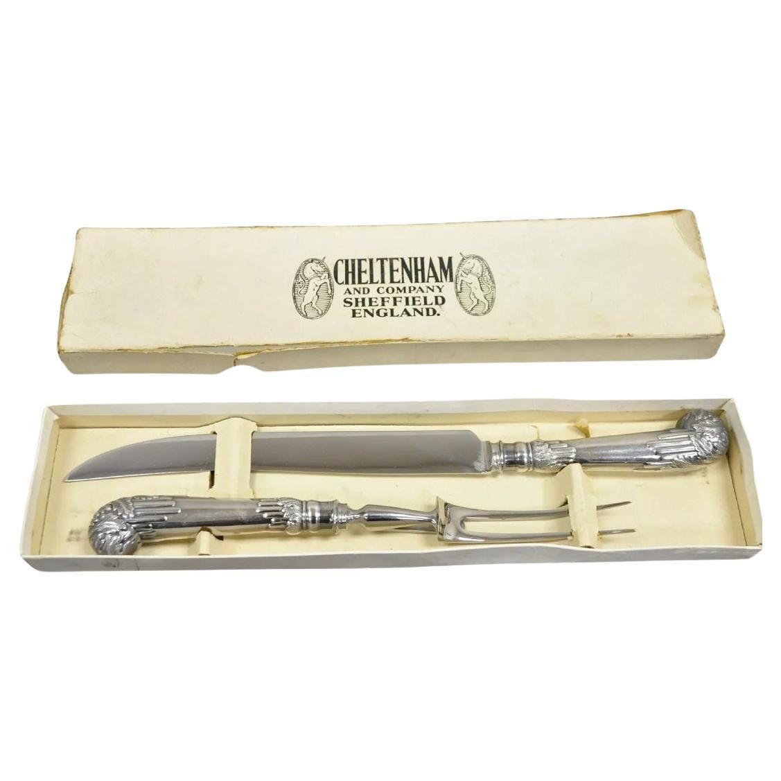 Vintage Cheltenham & Co Stainless Steel Silver Plated Meat Carving Cutlery Set For Sale