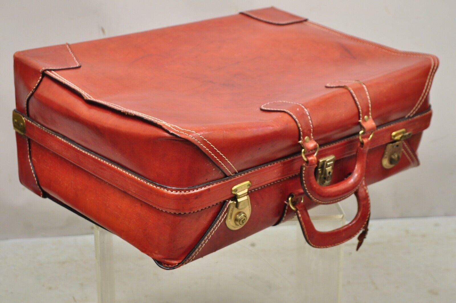 Vintage Cheney England Red Leather Midcentury Travel Suitcase Luggage 4