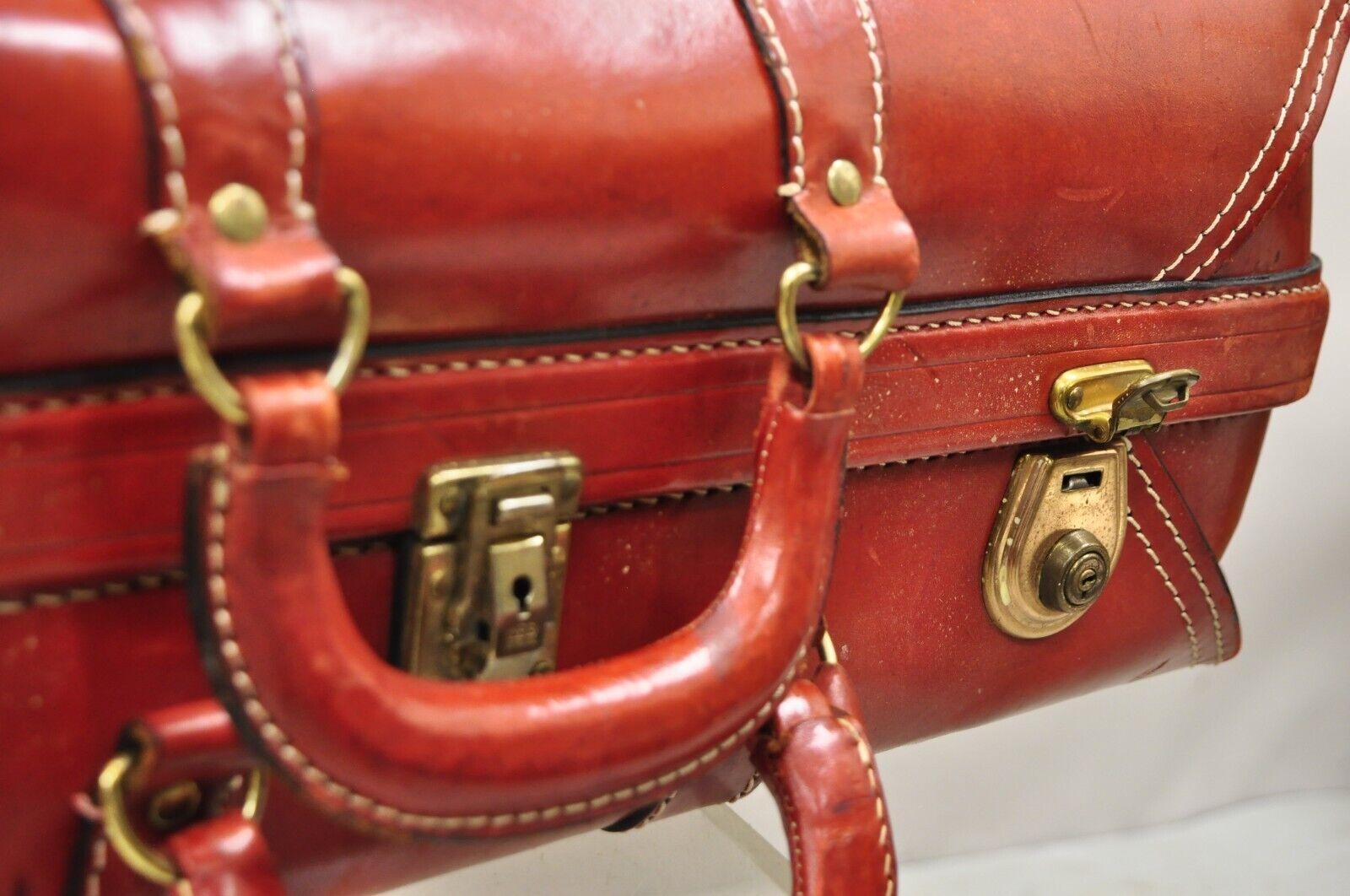 Mid-Century Modern Vintage Cheney England Red Leather Midcentury Travel Suitcase Luggage
