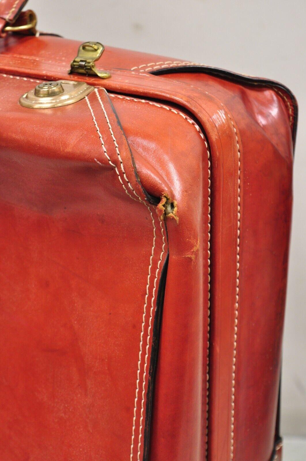20th Century Vintage Cheney England Red Leather Midcentury Travel Suitcase Luggage