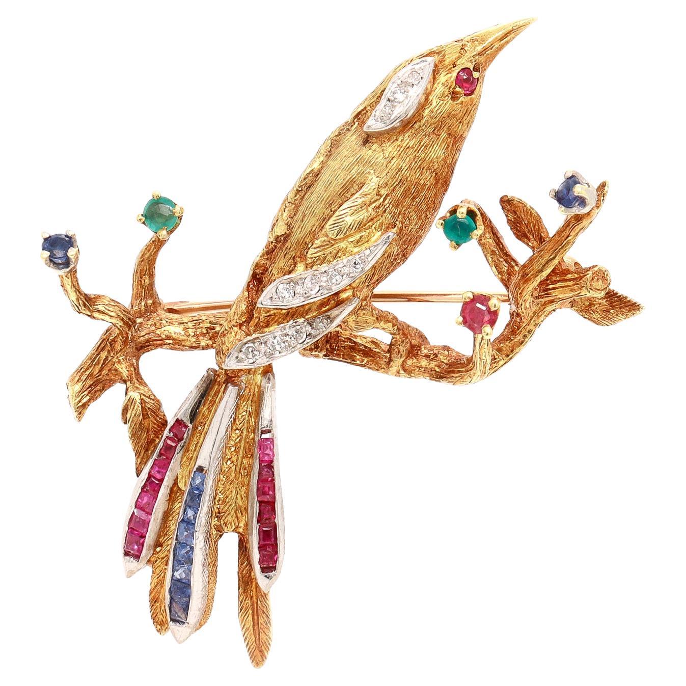 Vintage Cherny 18K Gold, Diamond, Emerald
Ruby Figural Bird Brooch