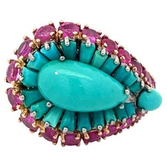 Vintage Cherny Pink Sapphire Turquoise 18 Karat Yellow Gold Cocktail Ring
