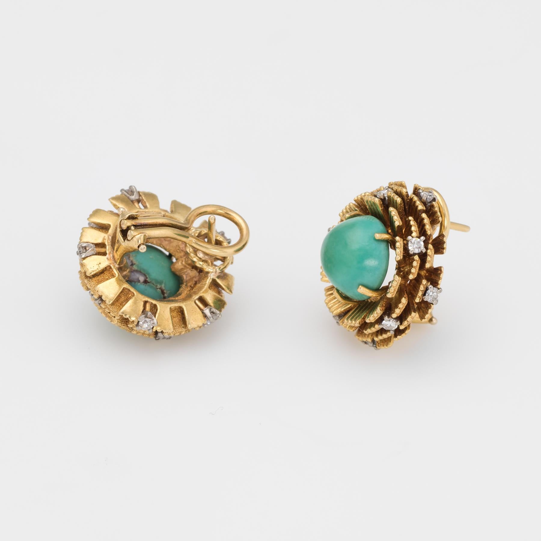 Finely detailed pair of vintage turquoise & diamond earrings (circa 1970s), crafted in 18k yellow gold. 

Turquoise cabochons measure 9.5mm (estimated at 4.50 carats each - 9 carats total estimated weight). The 20 diamonds are estimated at 0.01