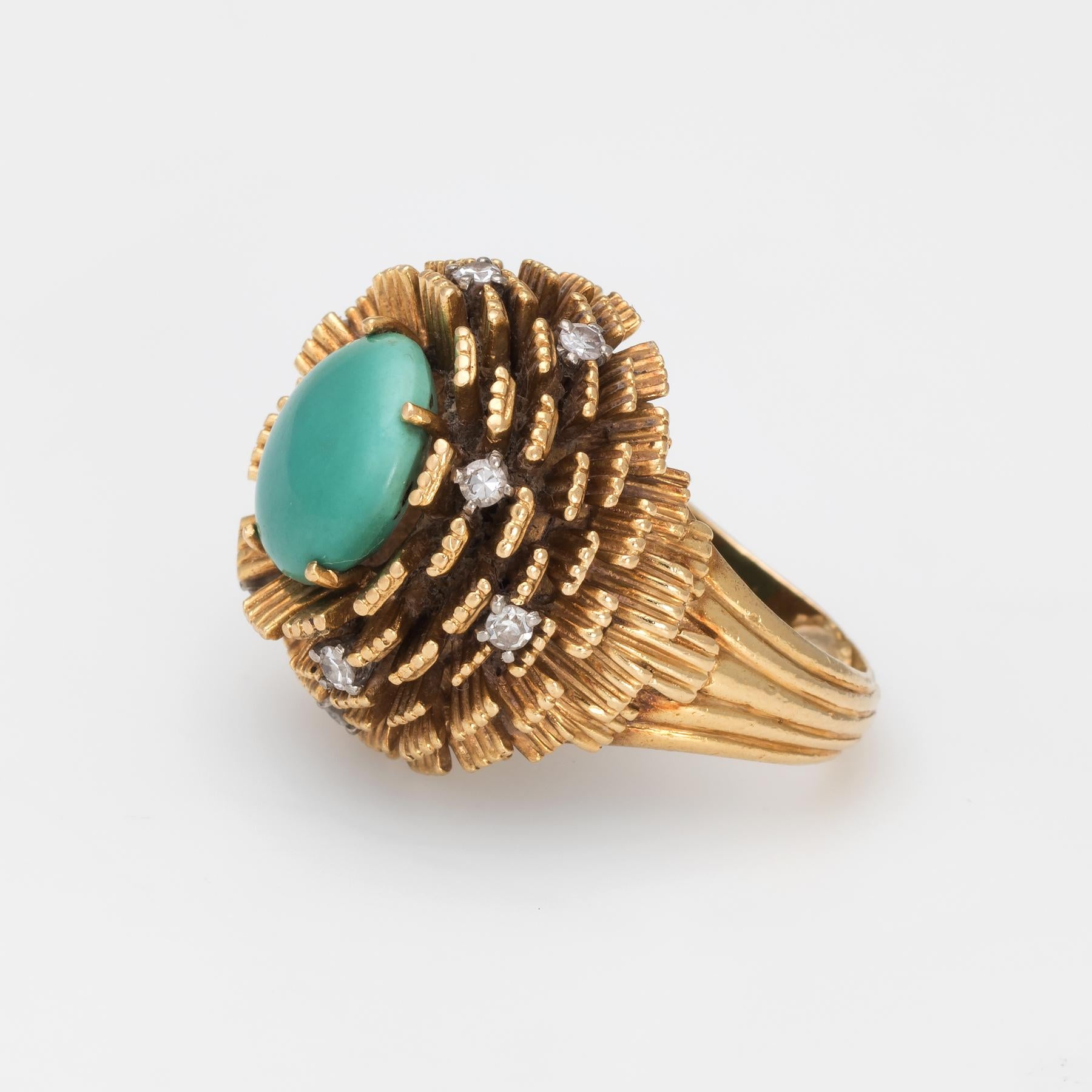 Retro Vintage Cherny Turquoise Diamond Ring 18 Karat Yellow Gold Round Estate Jewelry