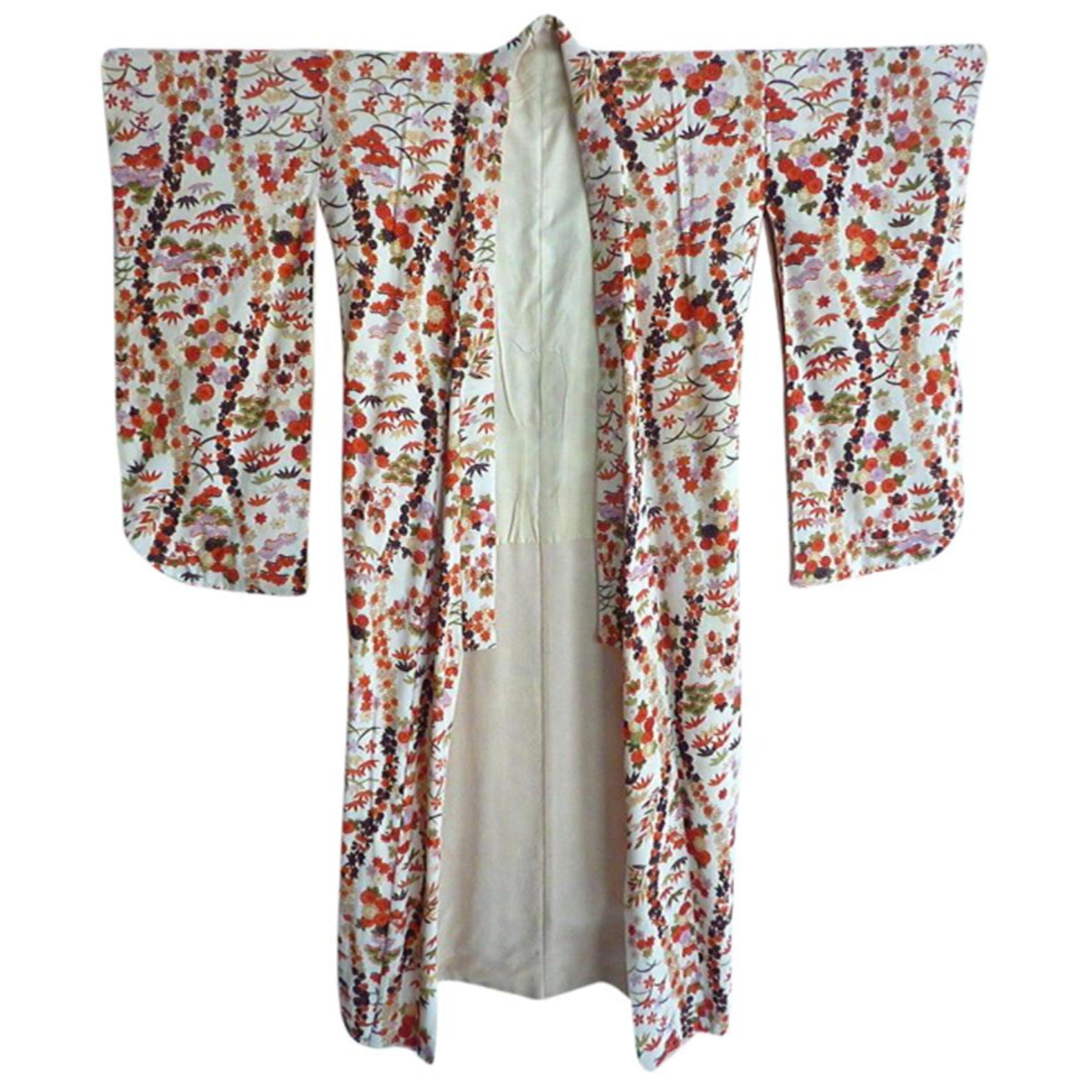 Women's Vintage Cherry blossom Japanese pink red gold hand-painted Ecru Silk Kimono 