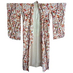 Kimono japonais rose rouge or peint à la main fleur de cerisier en soie écru