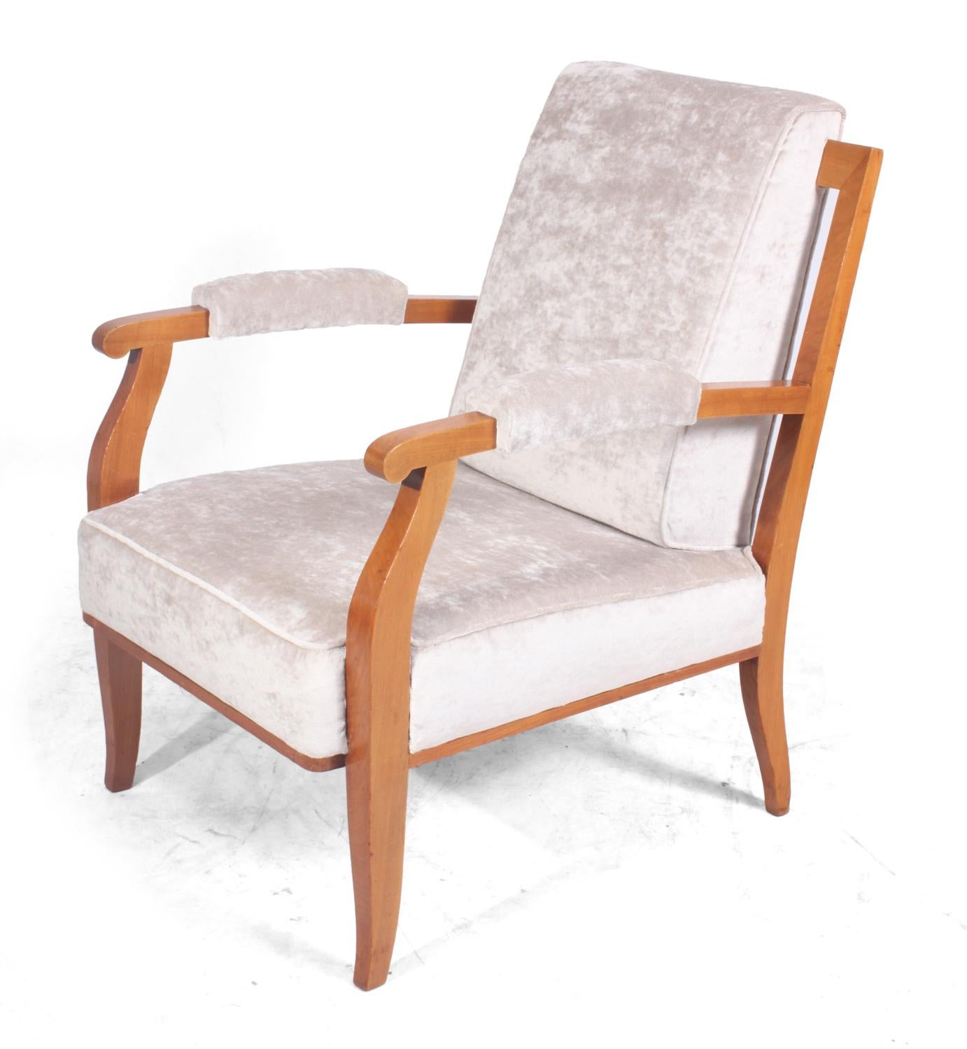 Vintage cherrywood chair by Jules Leleu, circa 1950.
This chair was designed and produced in France by Jules Leleu stamped to the back leg 28049, is solid cherry wood that has been fully polished and then has had full upholstery rebuild and covered