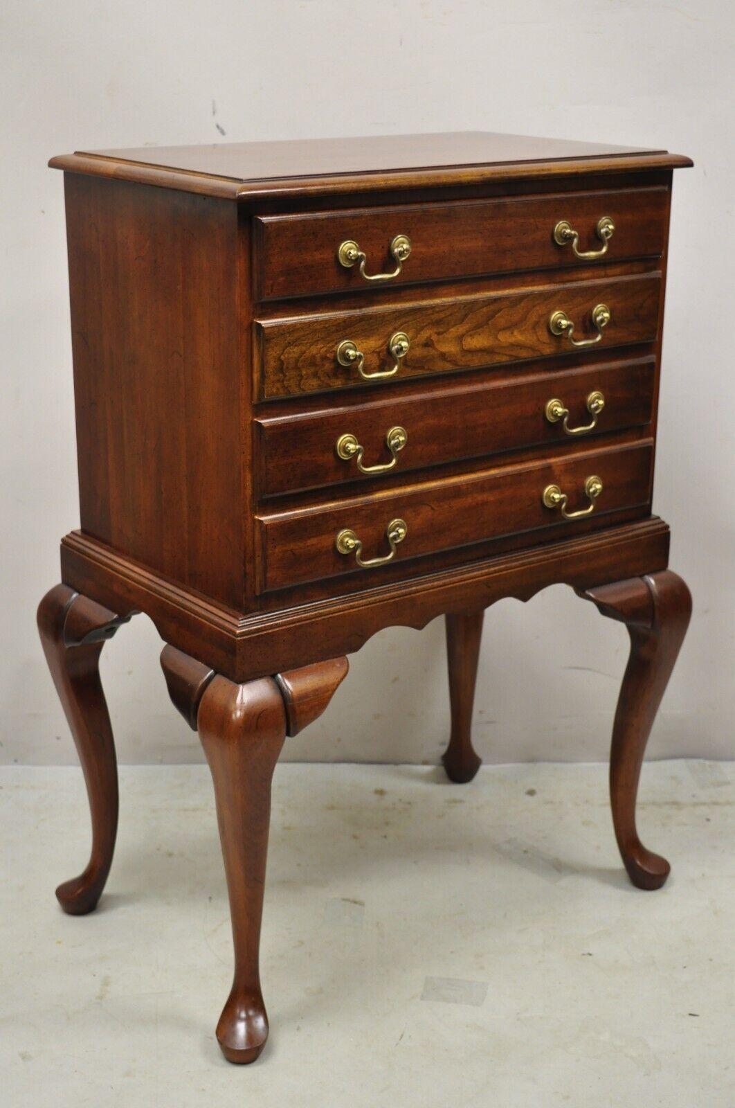 Vintage Cherry Wood Queen Anne Style Silverware Chest Server Cabinet. Item features solid wood construction, beautiful wood grain, finished back, 4 dovetailed drawers, shapely Queen Anne legs, solid brass hardware, quality american craftsmanship,