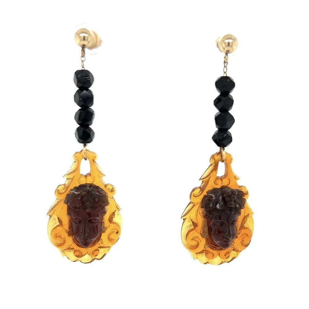 Modernist Vintage Cherub Carved Amber Gold Drop Dangle Earrings Fine Estate Jewelry For Sale
