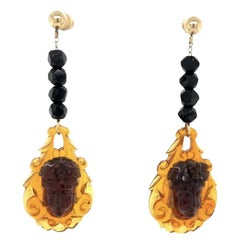 Vintage Cherub Carved Amber Gold Drop Dangle Earrings Fine Estate Jewelry