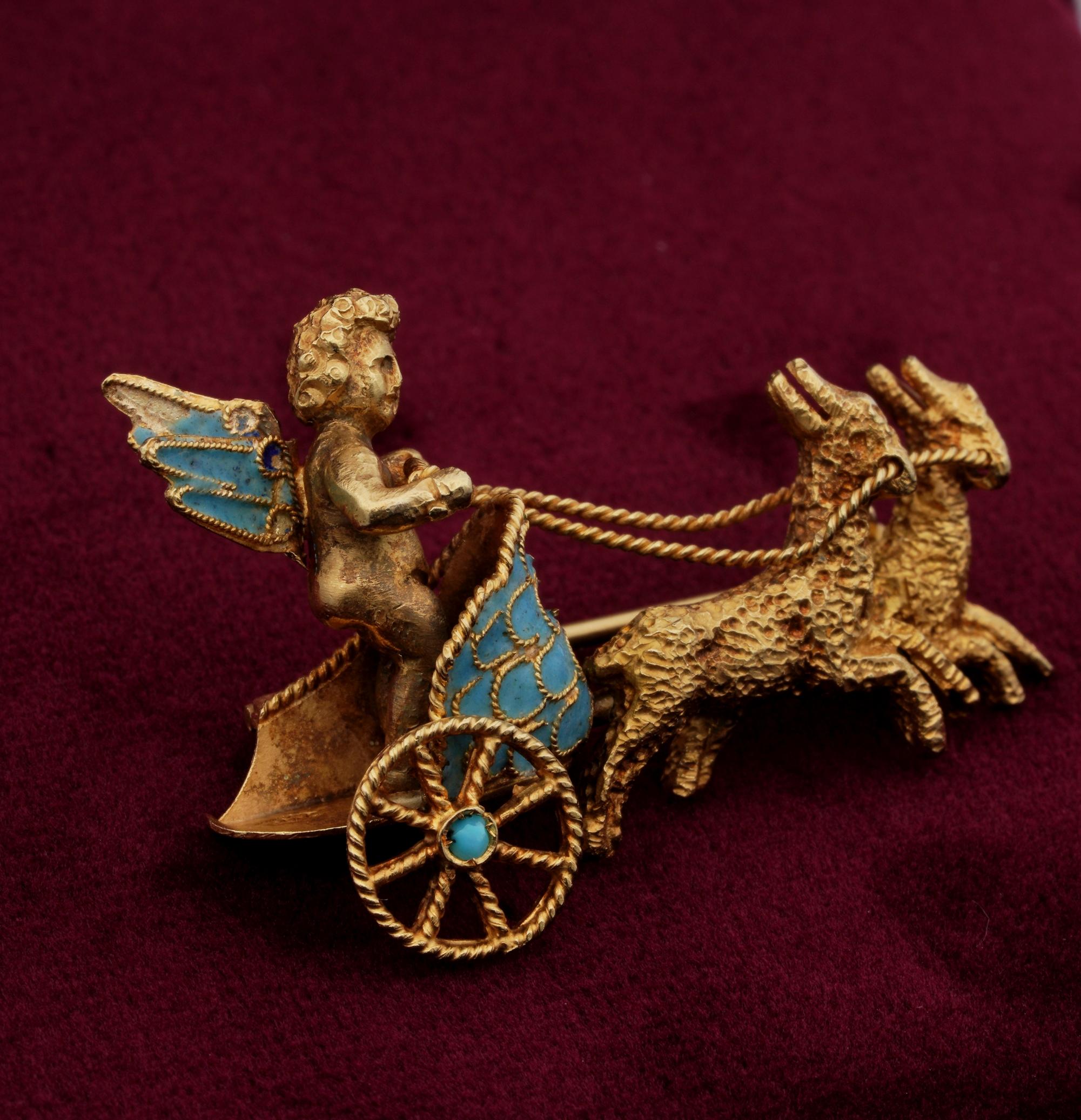 Vintage Cherub Chariot 18 KT Gold Brooch In Good Condition For Sale In Napoli, IT