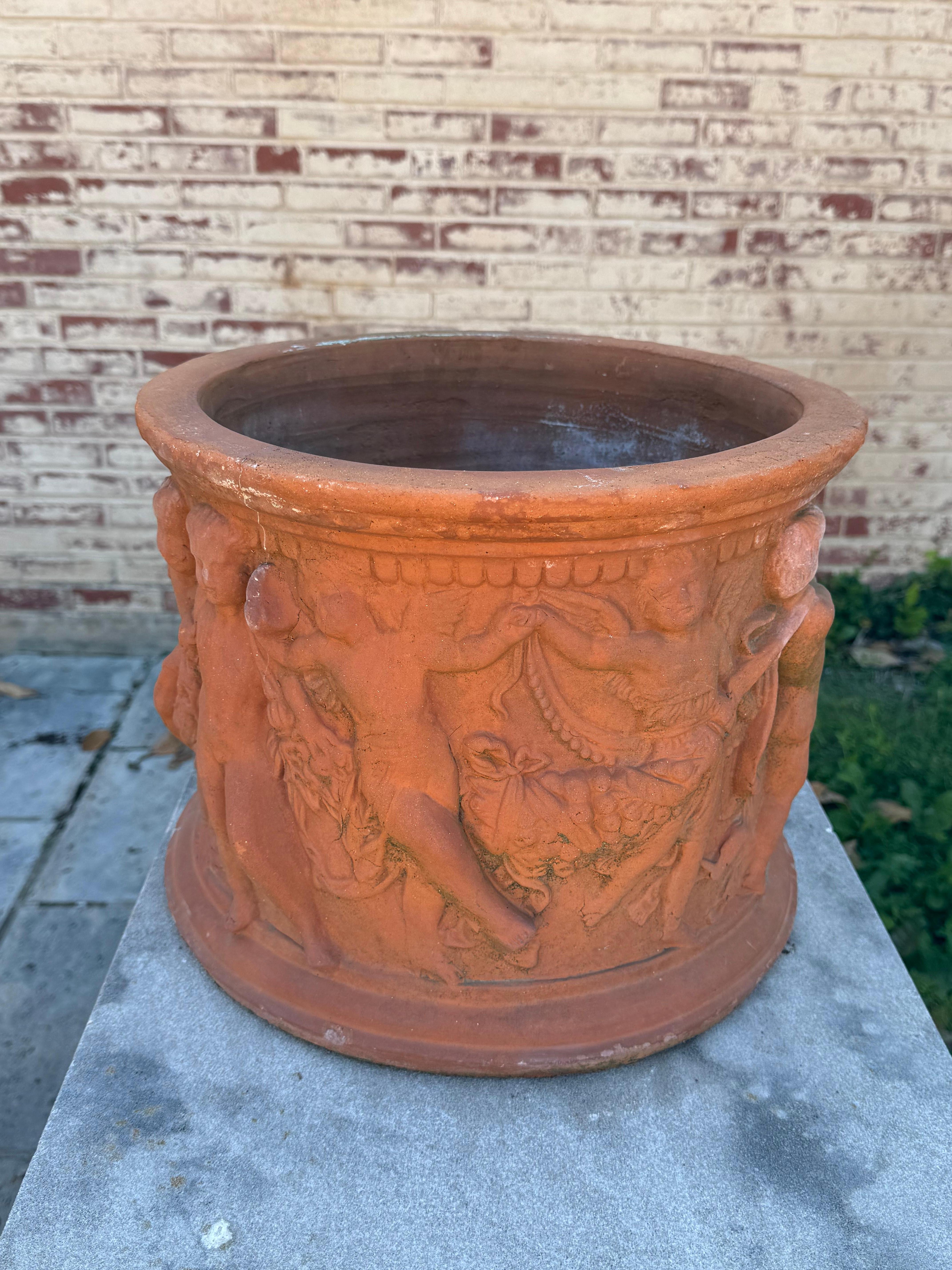 Wonderful vintage Bitossi Filippo - Italy red terracotta garden planter, urn or flower pot decorated with a continuous frieze of dancing putti / cerubs carrying fruity festoons. Stamped Bitossi Filippo - Italy. 