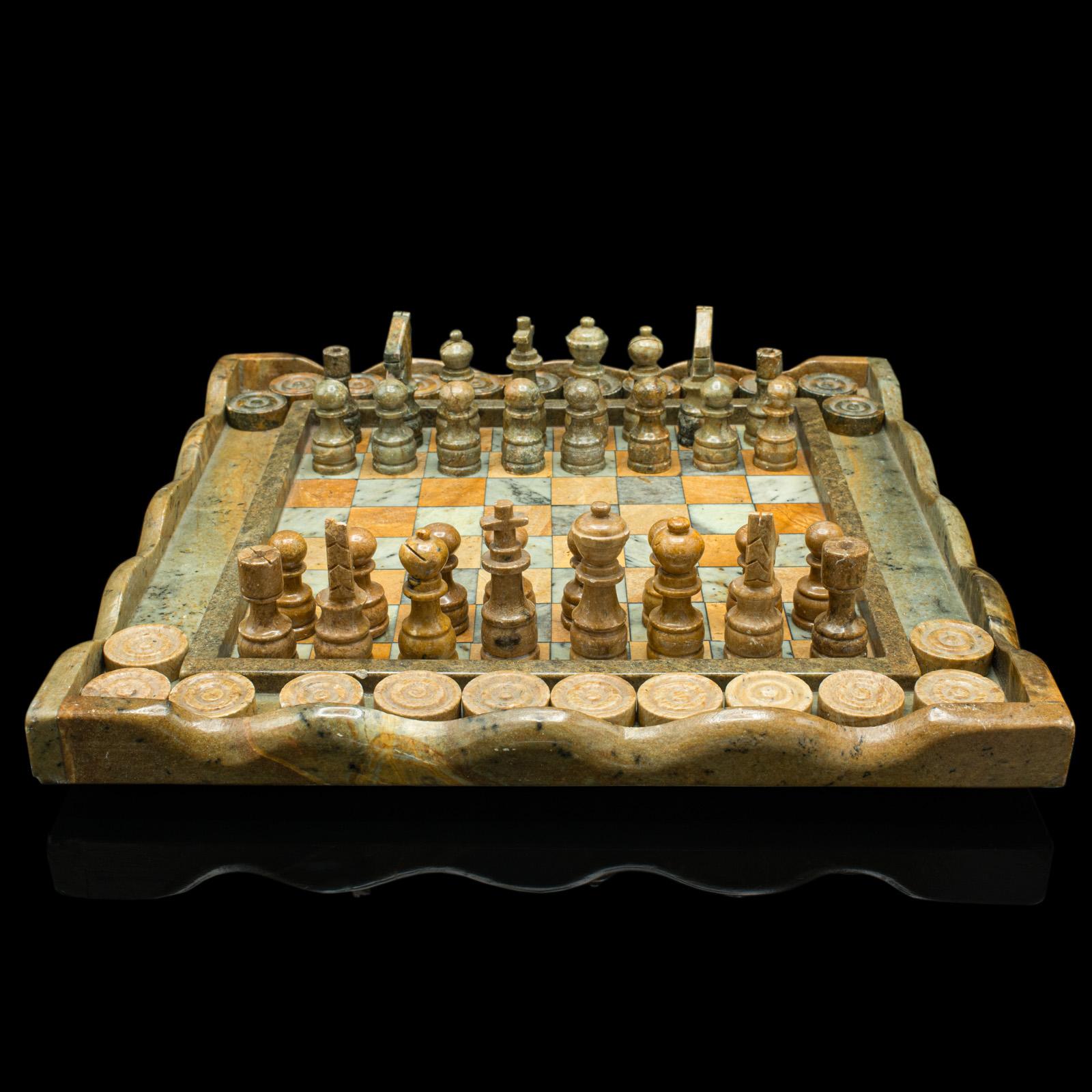 British Vintage Chess & Draughts Board, English, Hardstone, Marble, Gaming Set, C.1970 For Sale