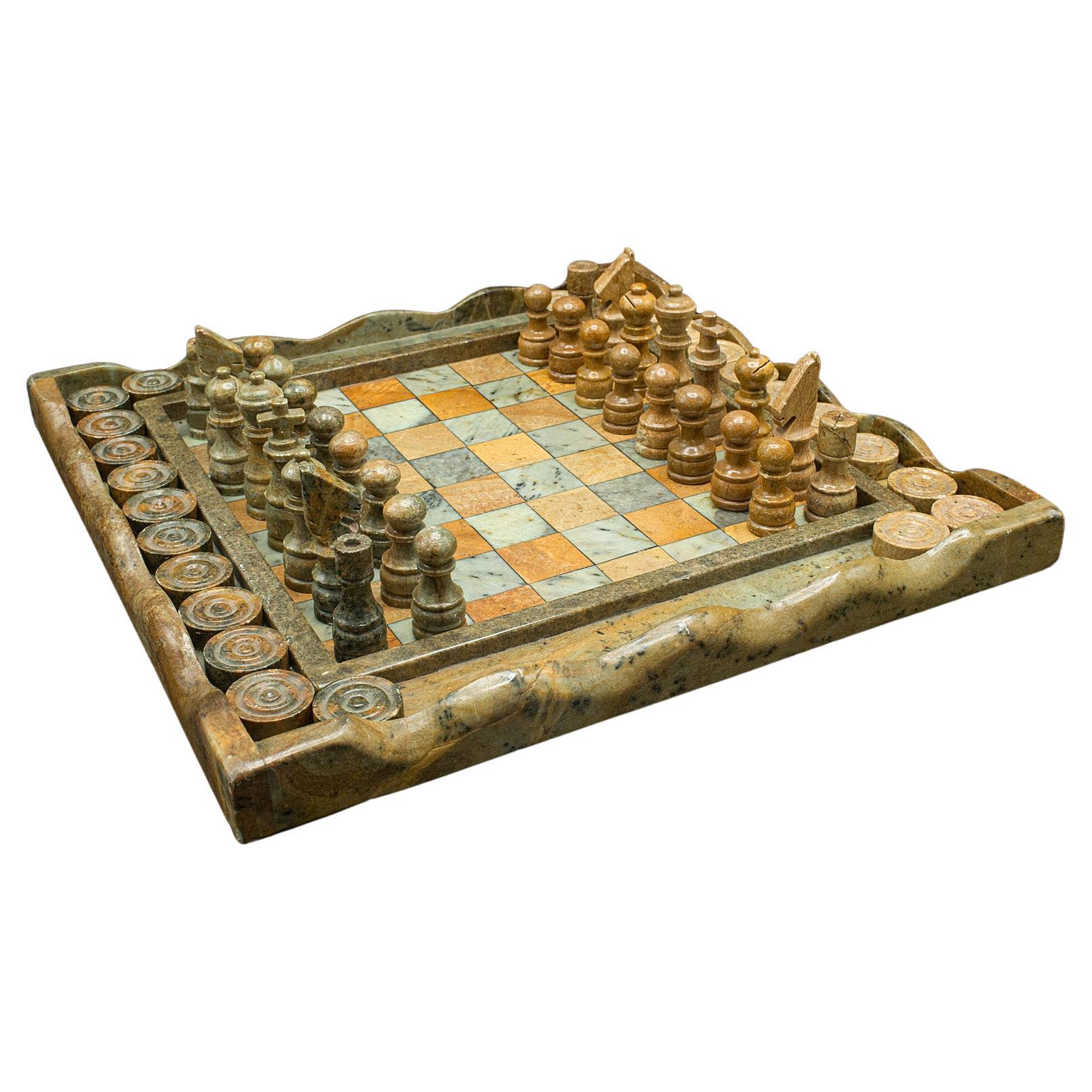 Vintage Chess & Draughts Board, English, Hardstone, Marble, Gaming Set, C.1970 For Sale