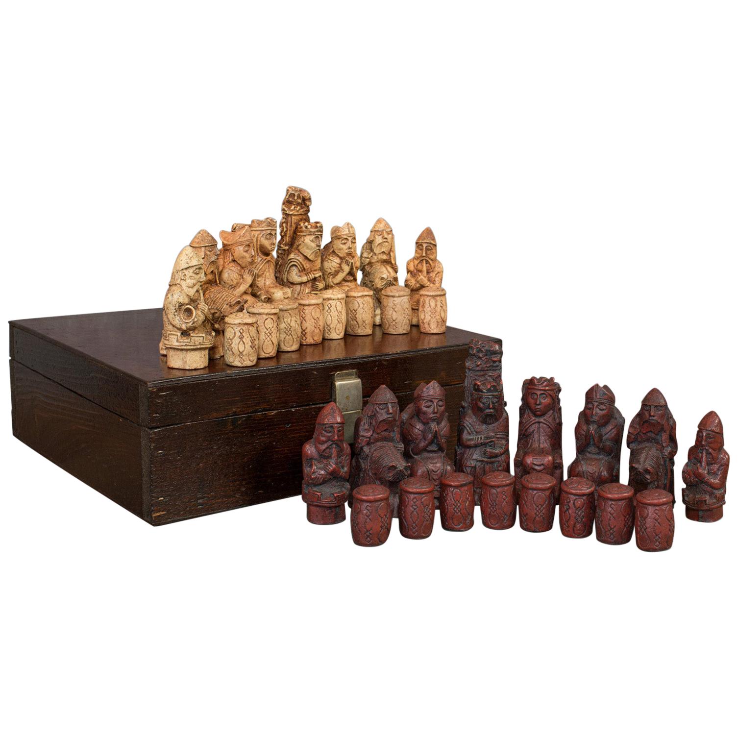 Vintage Chess Set English, Stone Resin, Gaming, Pieces, Gothic Taste, circa 1990