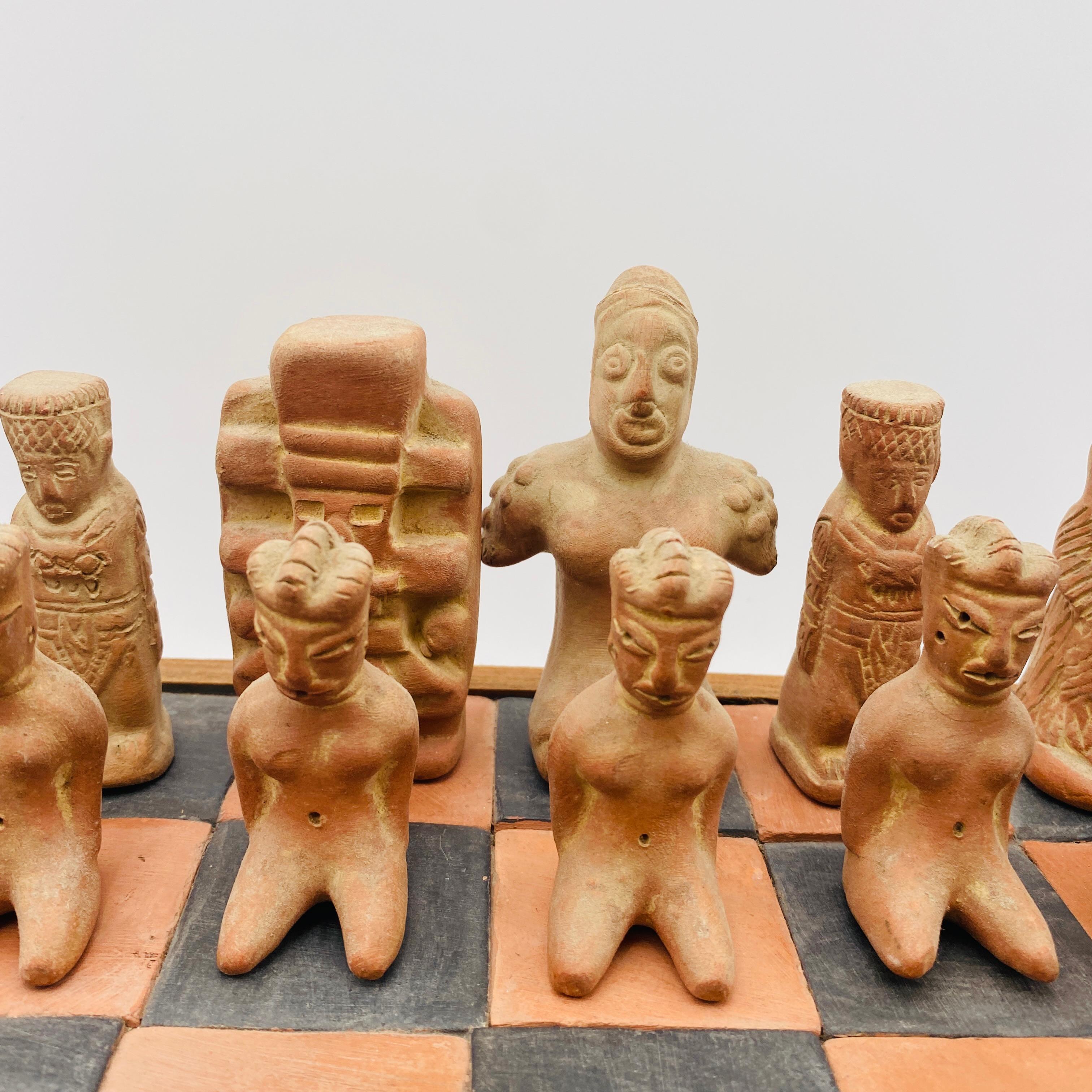 Vintage Chess Set Terracota Aztec Figurines and Board, 20th Century, Mexico 4