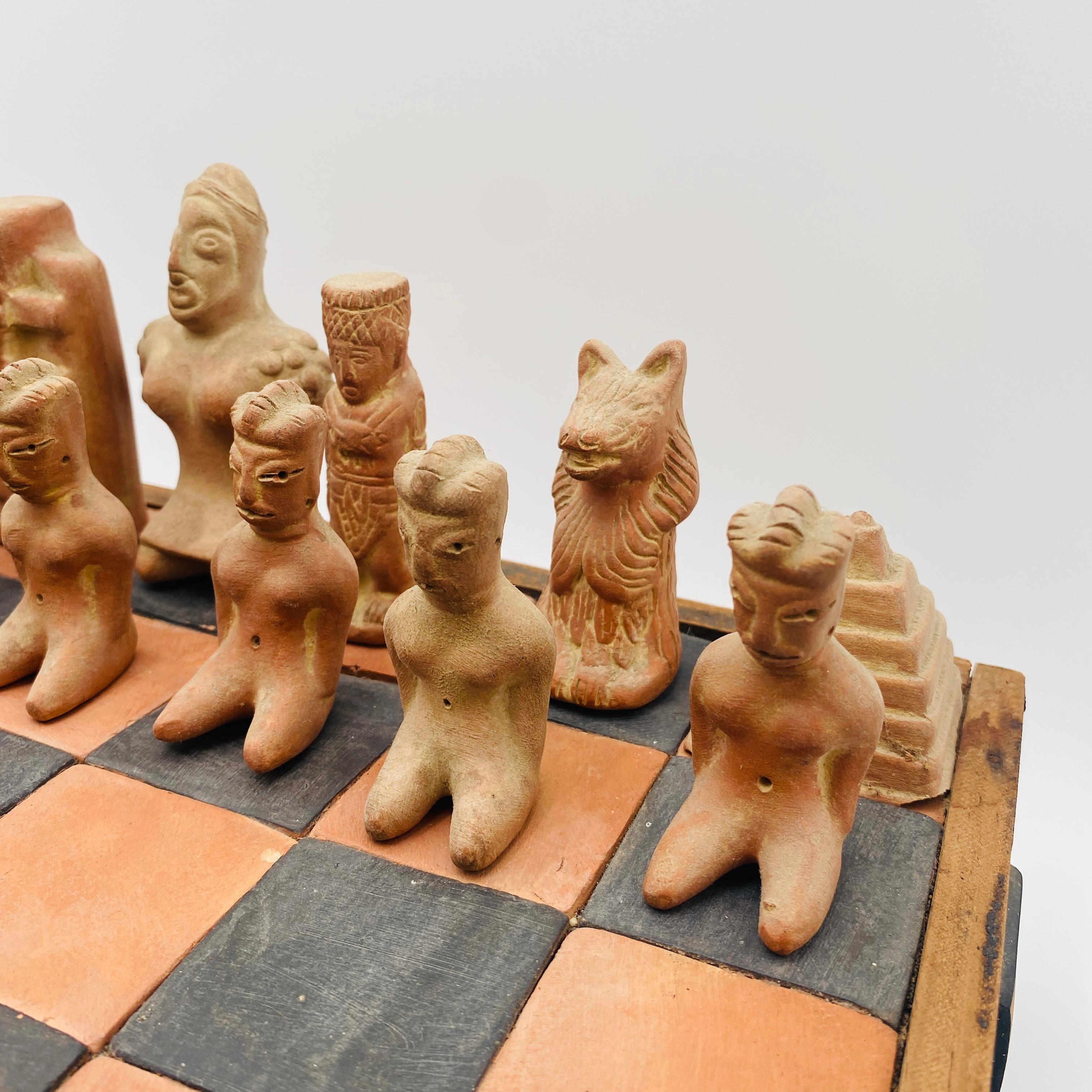 Vintage Chess Set Terracota Aztec Figurines and Board, 20th Century, Mexico 5