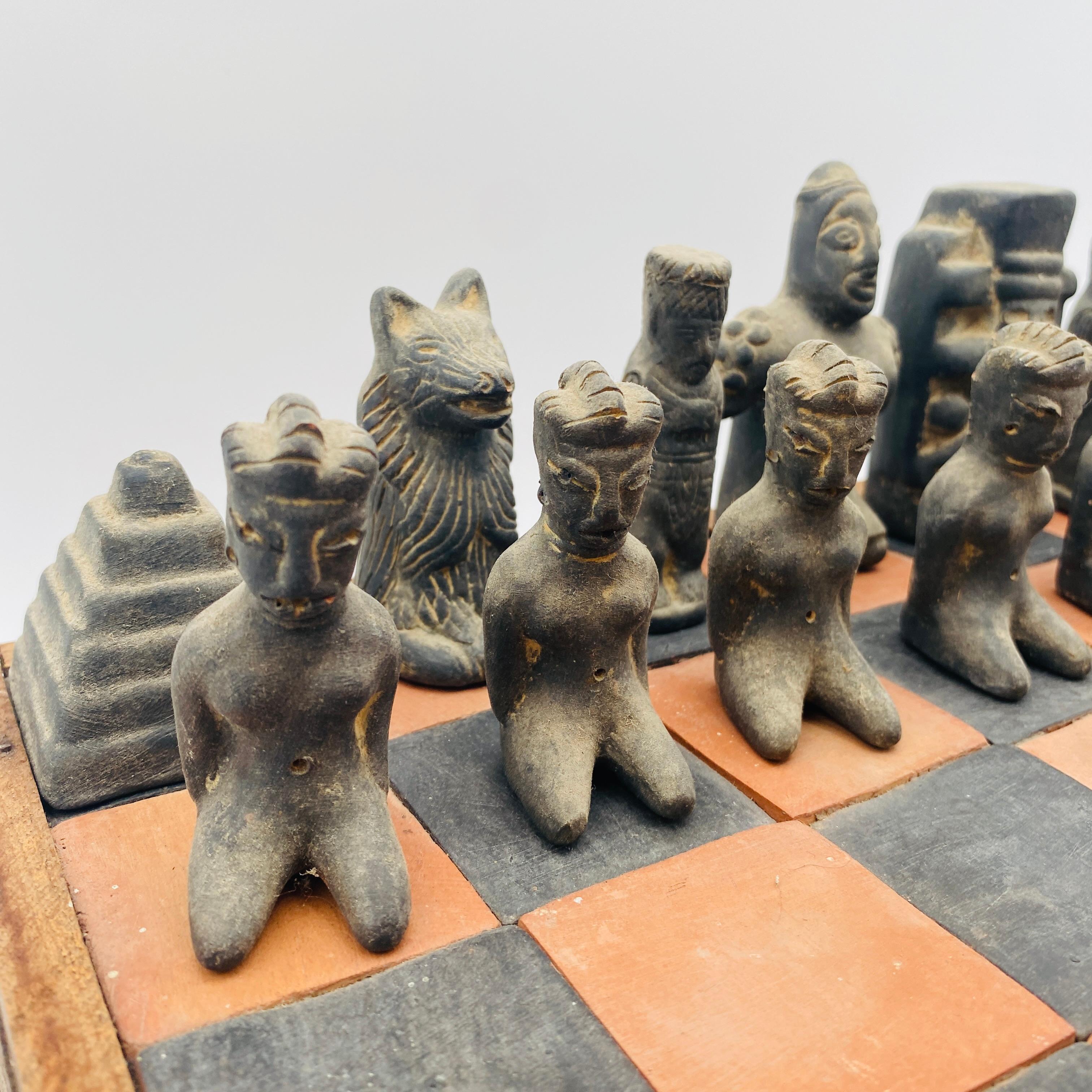 Vintage Chess Set Terracota Aztec Figurines and Board, 20th Century, Mexico 6