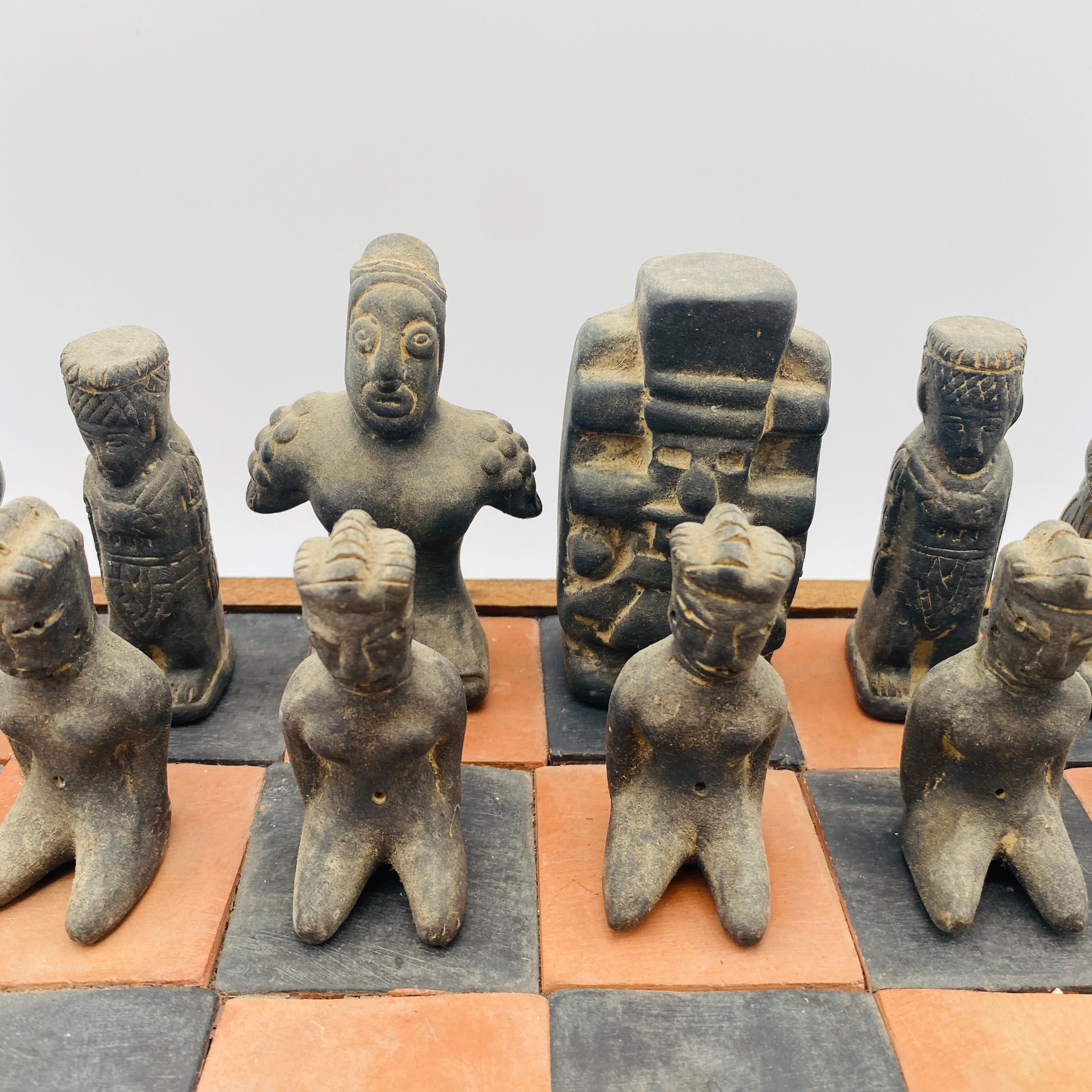 Vintage Chess Set Terracota Aztec Figurines and Board, 20th Century, Mexico 7