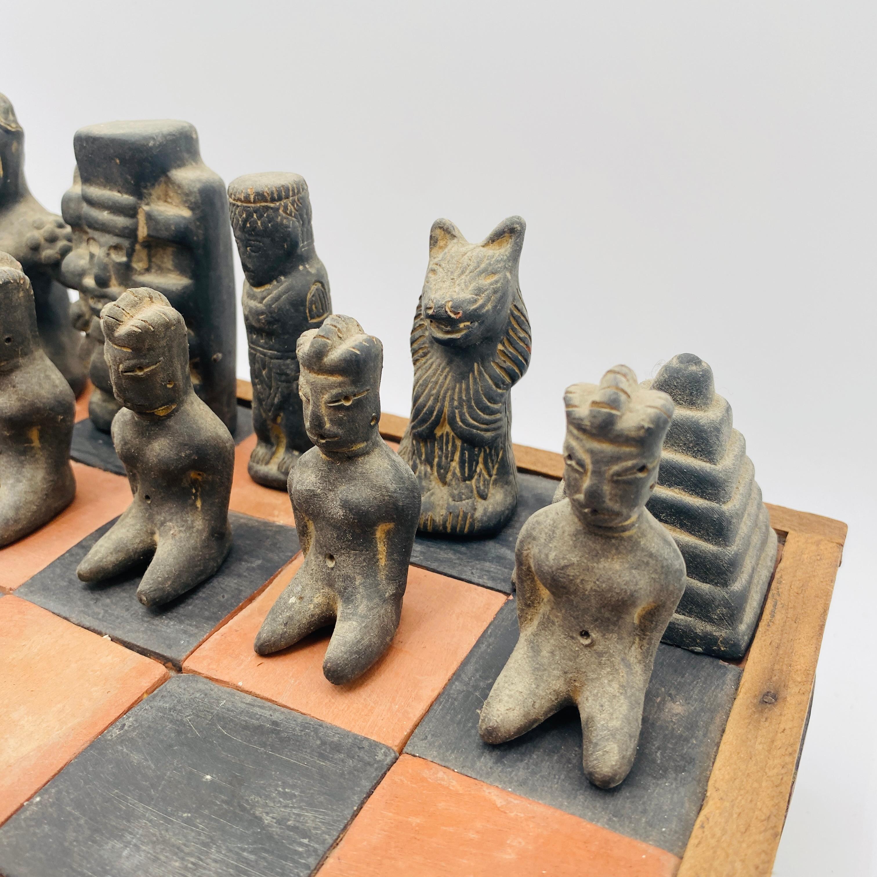 Vintage Chess Set Terracota Aztec Figurines and Board, 20th Century, Mexico 8