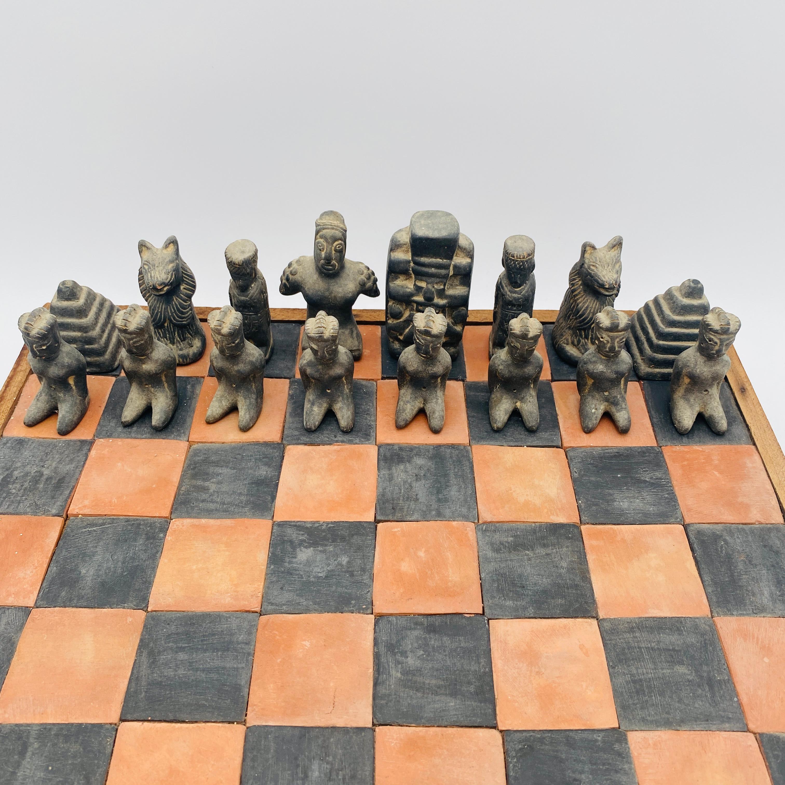 Vintage Chess Set Terracota Aztec Figurines and Board, 20th Century, Mexico 9