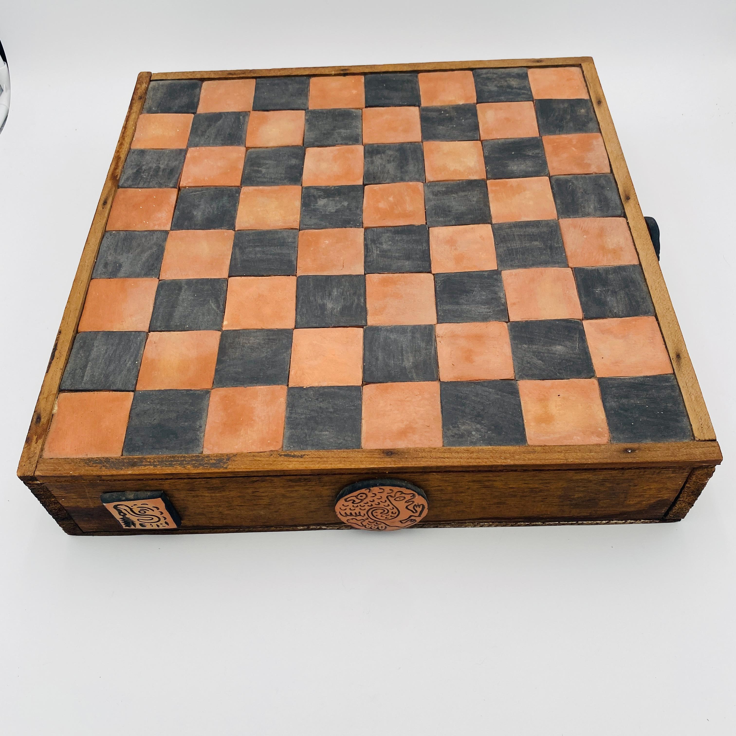 Vintage Chess Set Terracota Aztec Figurines and Board, 20th Century, Mexico 12