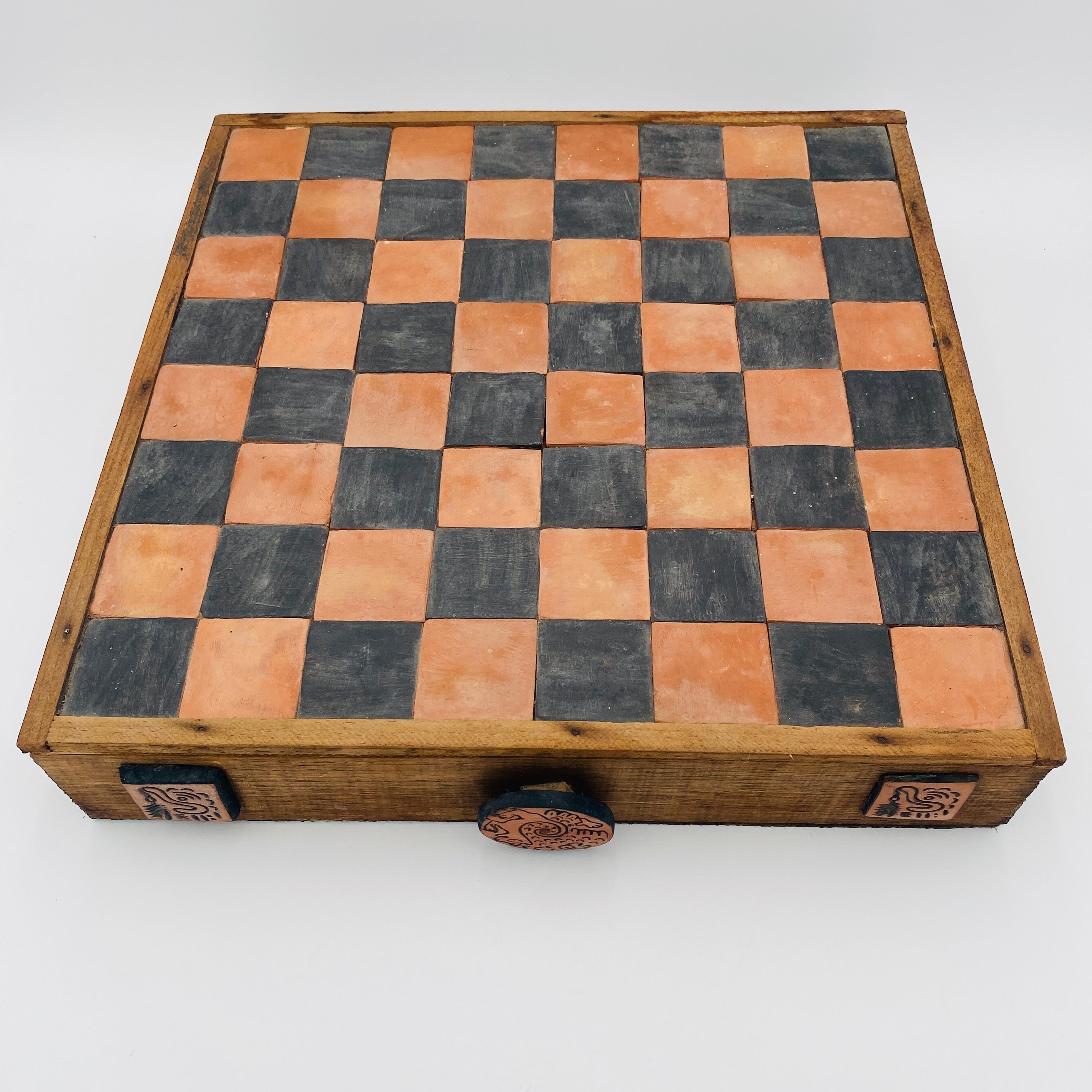 Hand-Crafted Vintage Chess Set Terracota Aztec Figurines and Board, 20th Century, Mexico