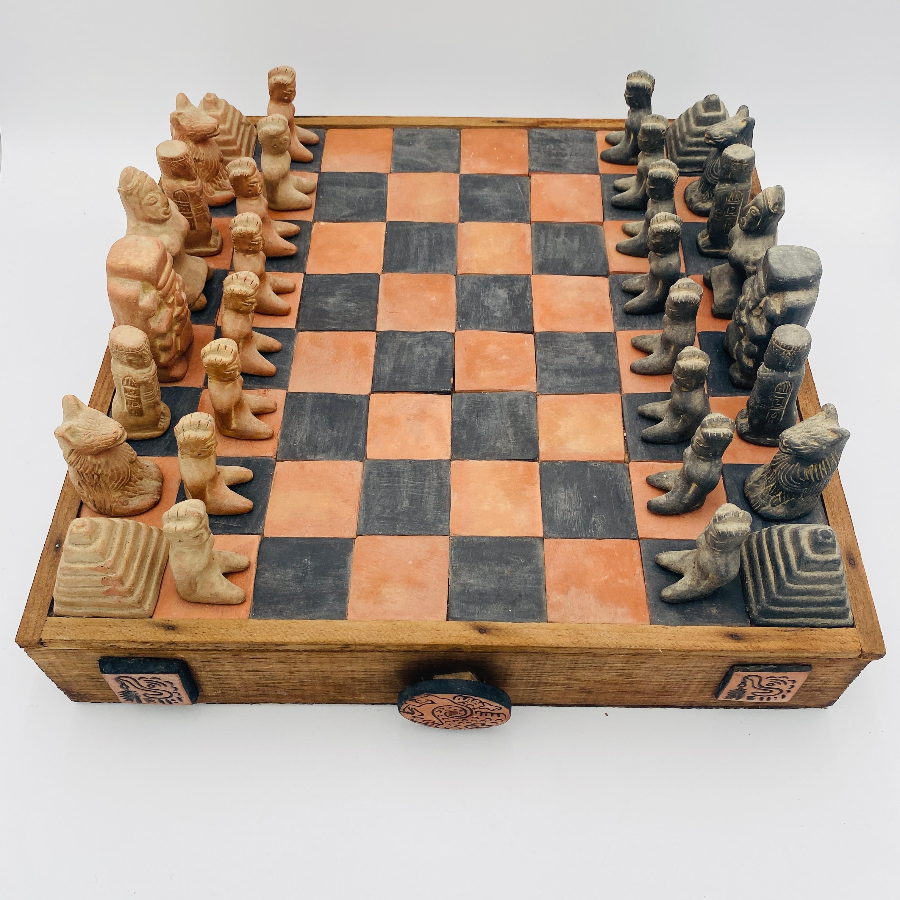 Vintage Chess Set Terracota Aztec Figurines and Board, 20th Century, Mexico In Good Condition In San Juan Capistrano, CA