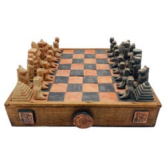 Vintage Chess Set Terracota Aztec Figurines and Board, 20th Century, Mexico