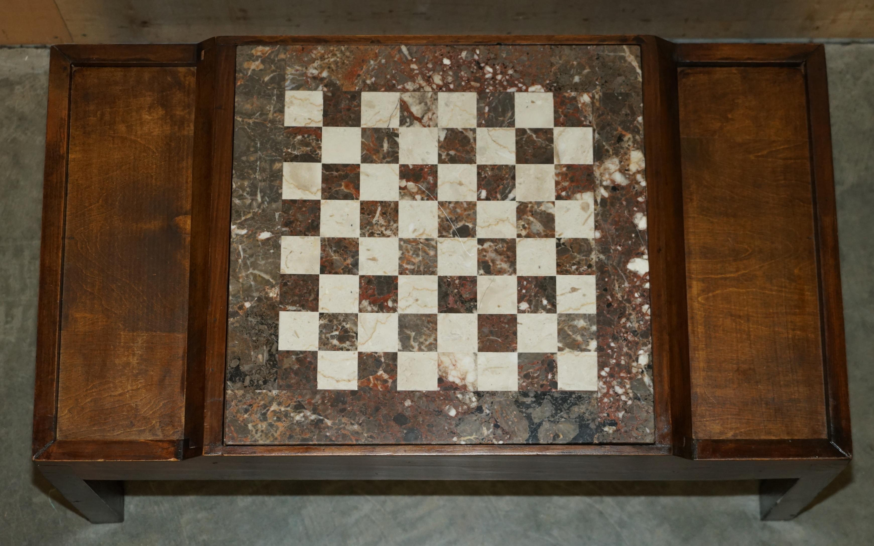 Vintage Chessboard Coffee Table with Marble Board and ebonized Chess Set Pieces 3