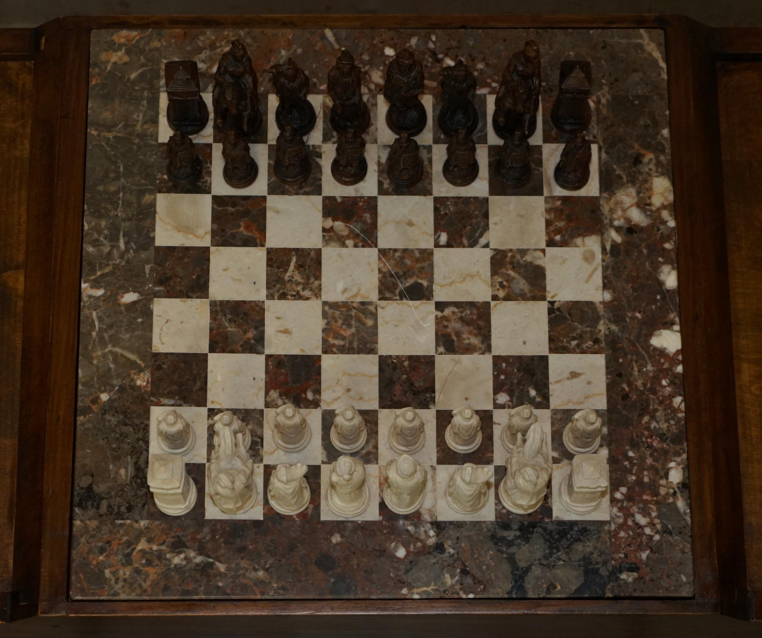 Mid-Century Modern Vintage Chessboard Coffee Table with Marble Board and ebonized Chess Set Pieces