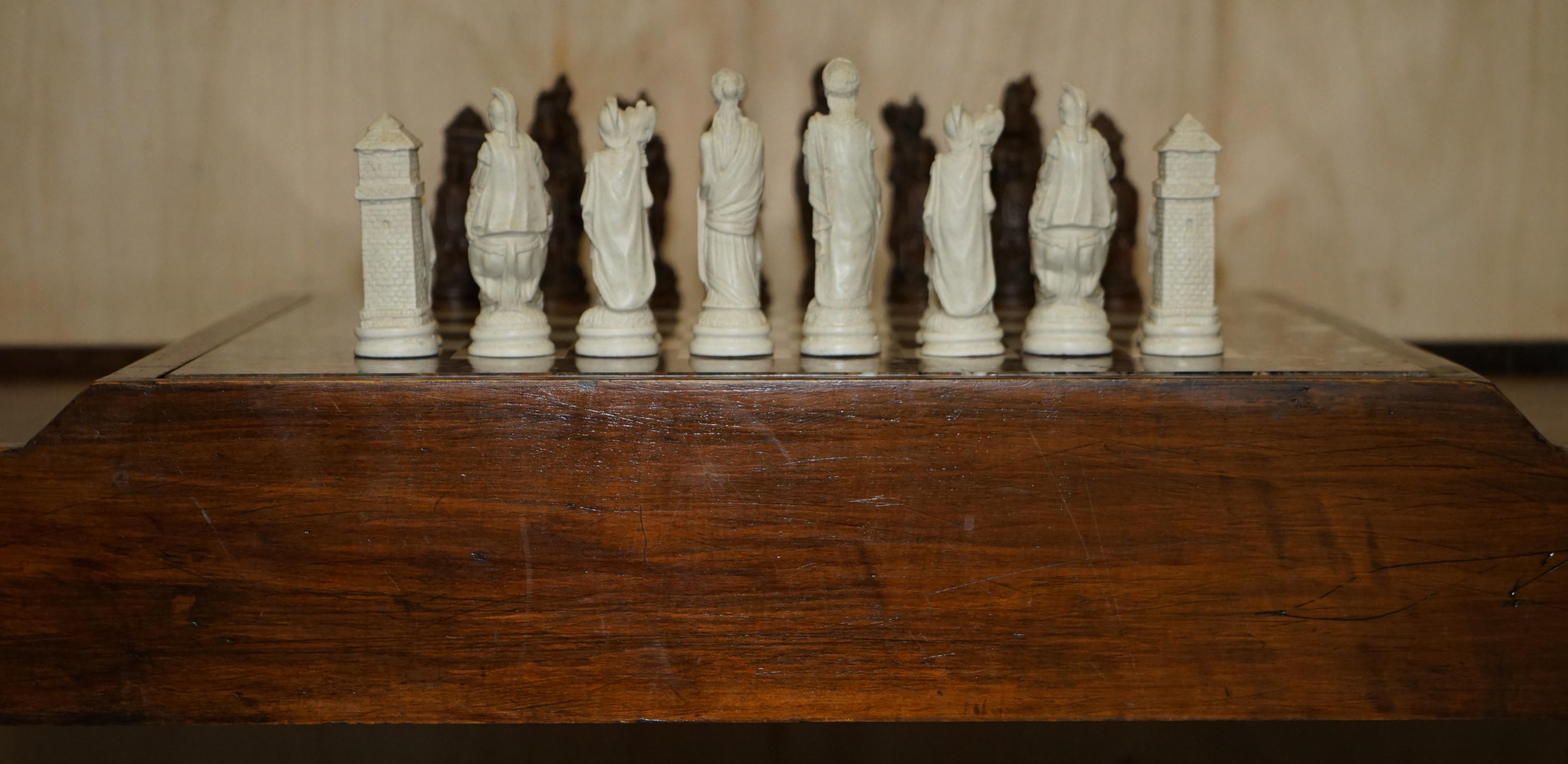 20th Century Vintage Chessboard Coffee Table with Marble Board and ebonized Chess Set Pieces