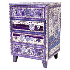 Vintage Chest of Drawers Covered in a Blue and White Porcelain Mosaic