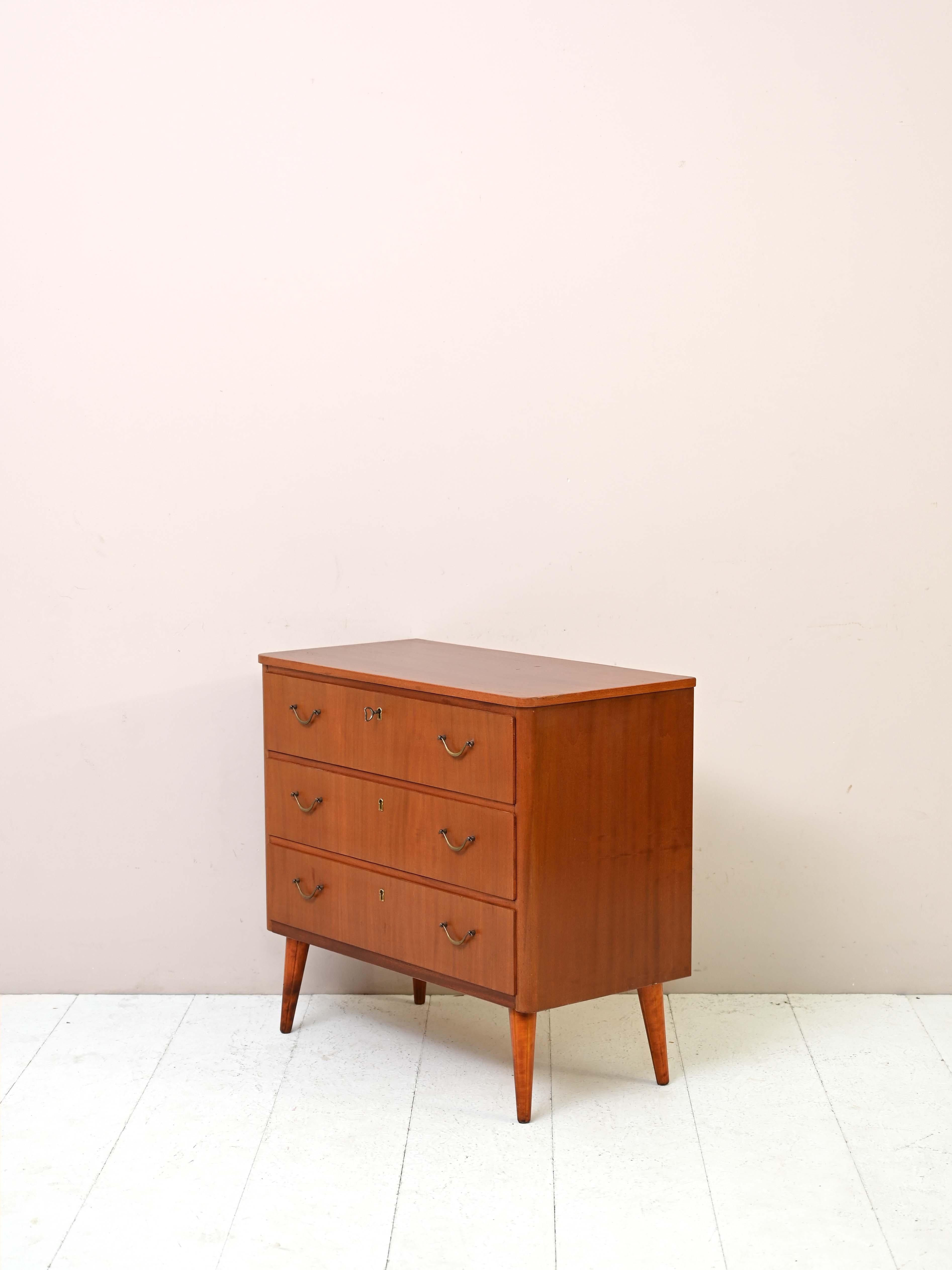 Scandinavian Vintage Chest of Drawers with Gold Handles For Sale
