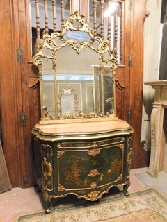 vintage chest of drawers with mirror, gilded with painted chinoiserie, Italy
