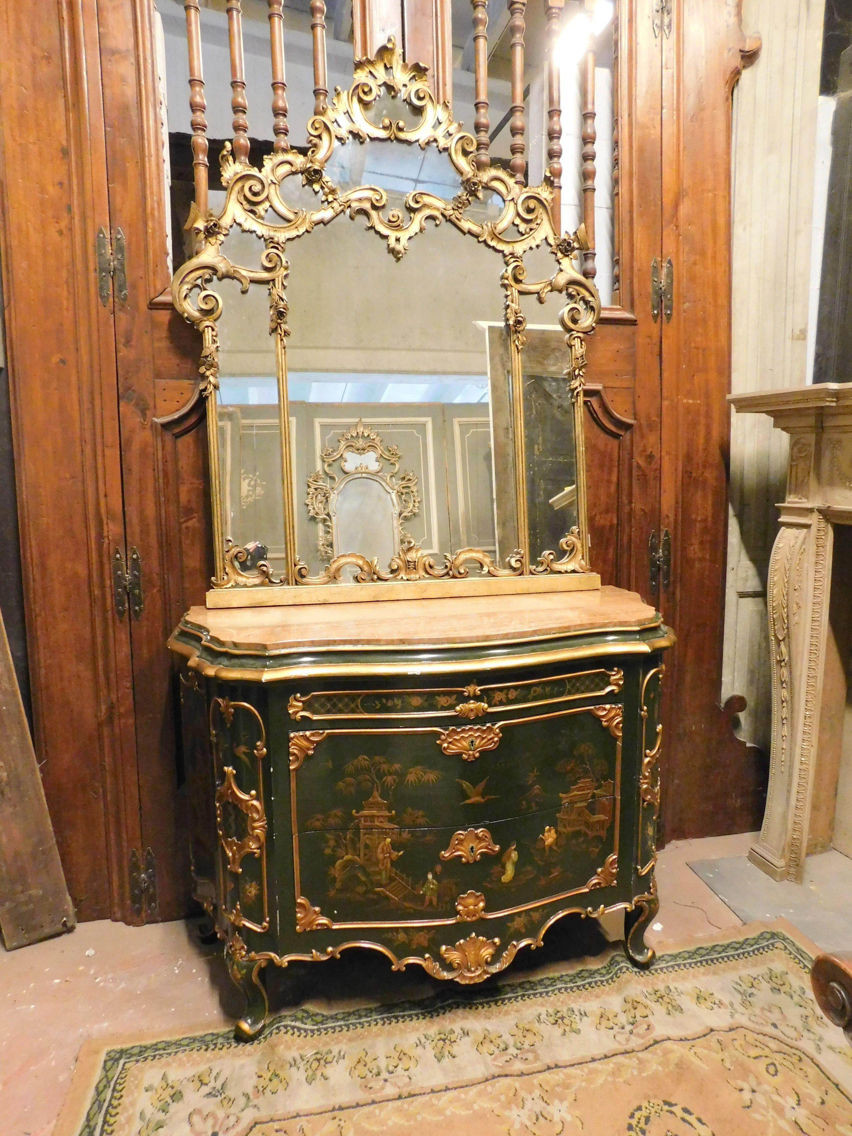 Gilt vintage chest of drawers with mirror, gilded with painted chinoiserie, Italy For Sale