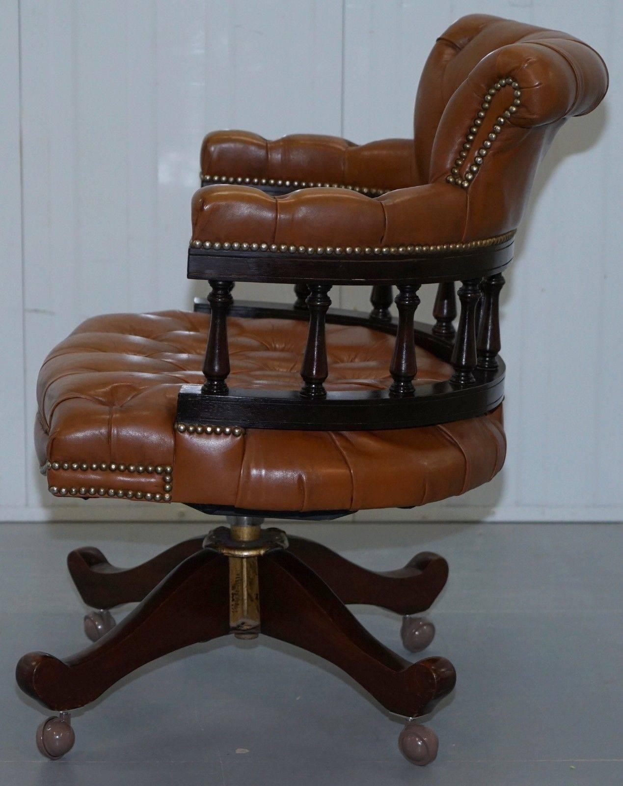Vintage Chesterfield Aged Brown Leather Captains Directors Office Swivel Chair 1