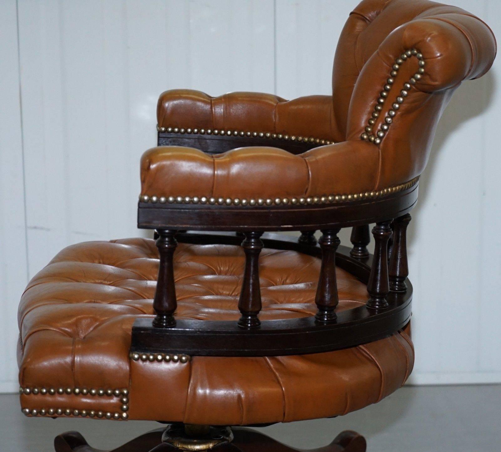 Vintage Chesterfield Aged Brown Leather Captains Directors Office Swivel Chair 2