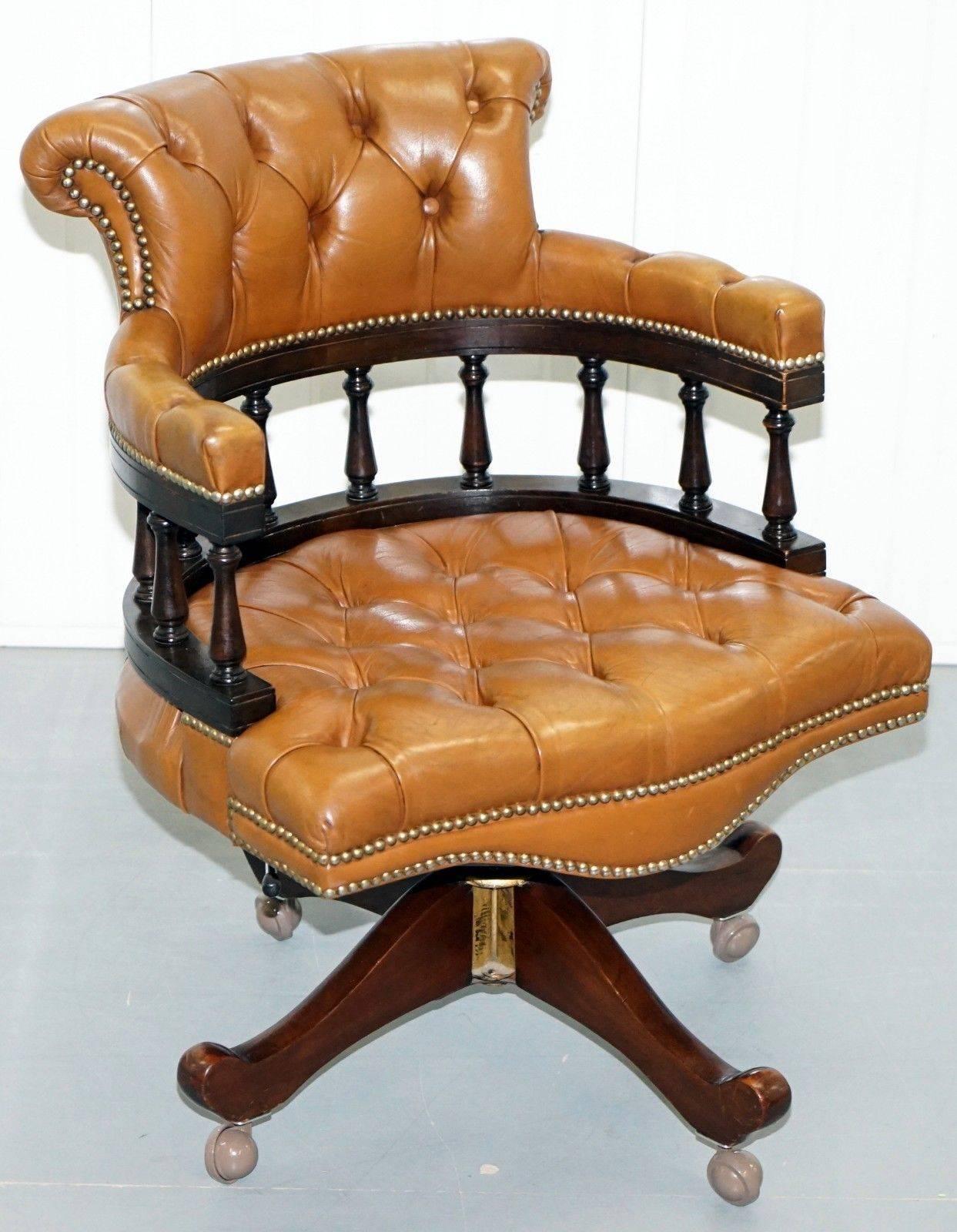 Vintage Chesterfield Aged Brown Leather Captains Directors Office Swivel Chair 3